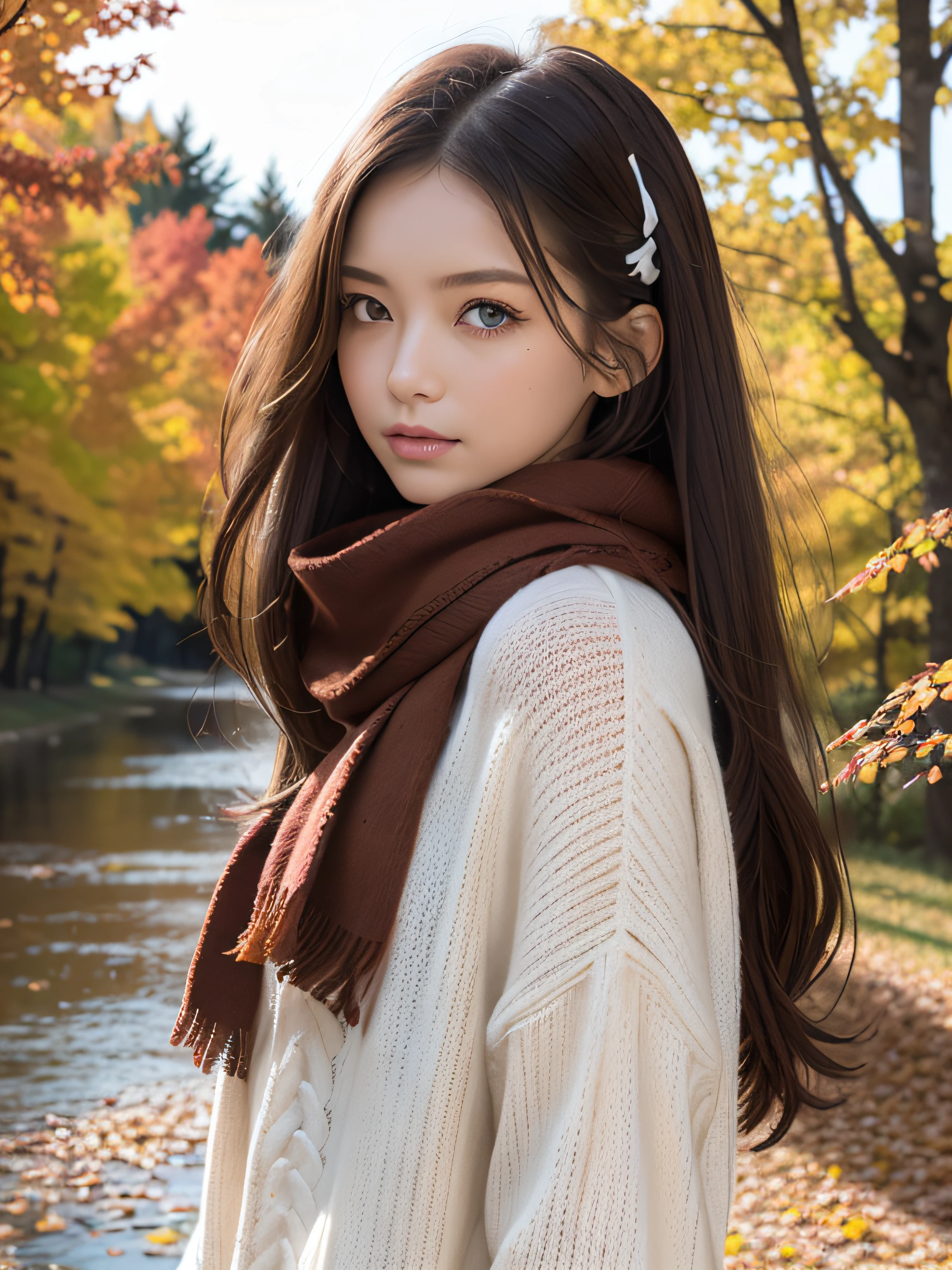 (masutepiece), Best Quality, Ultra-detailed, Illustration, Warm lighting, Soft lighting, Bright colors, 1 girl, Solo,( Beautiful Girl, Long hair, Blue eyes, bow ribbon, Brown hair, hair between eye, Hair Ribbon, side locks, Very long hair, hair messy,) , Autumn, Many maple trees, maple leaves, golden leaves, Colored leaves, Dry leaves, River,  Refreshing air,  Peace, Cool breeze , Sweater Weather,( Wear a white or brown sweater, red scarf, Moody autumn, Wistful, a gloomy, sad ,worried, longing,)