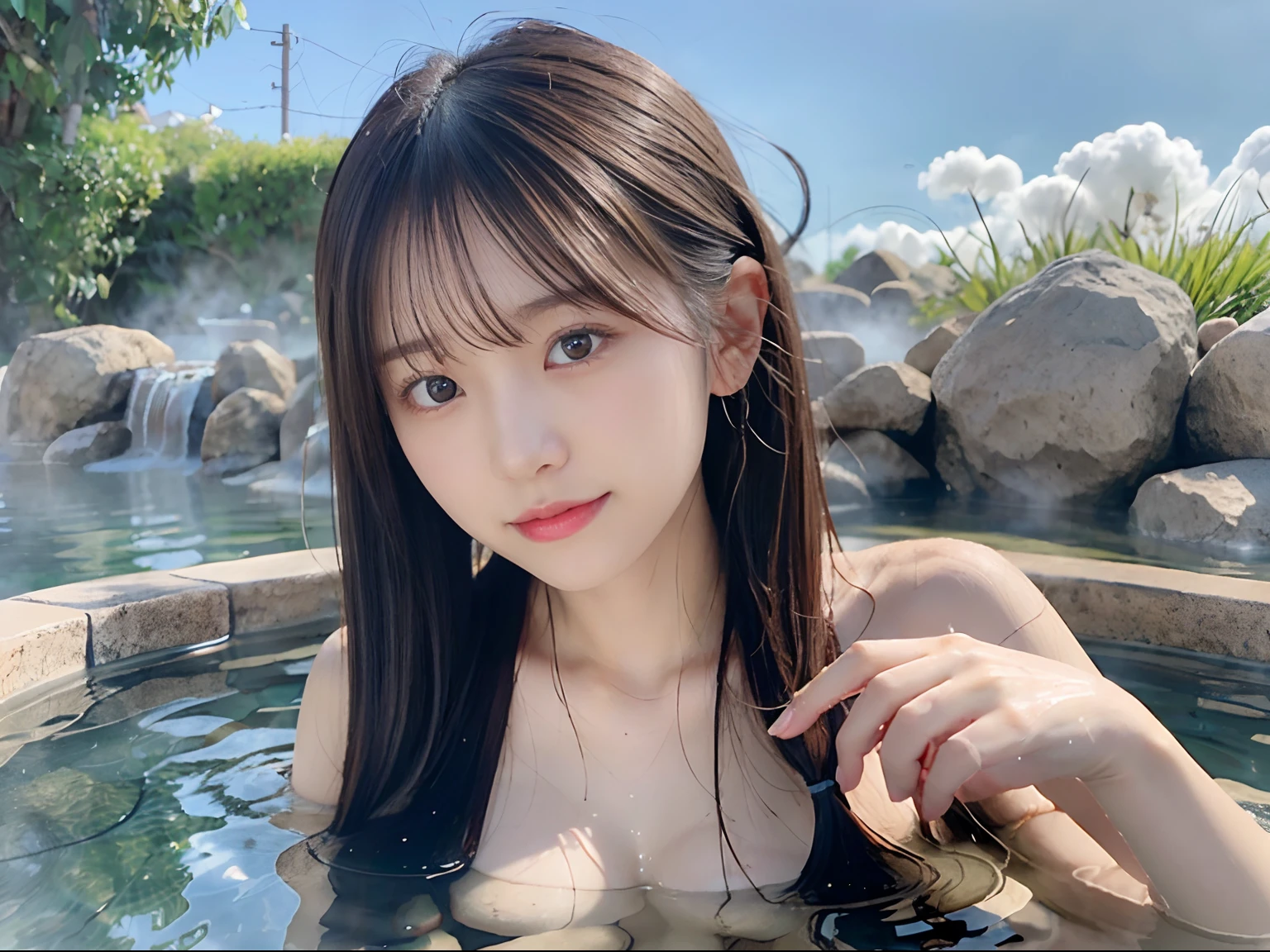 (Close up portrait of one with slender small breasts and twin-tailed hair:1.5)、(Cute girl naked in hot spring outside:1.5)、(Beautiful blue sky:1.5)、(Perfect Anatomy:1.3)、(No mask:1.3)、(complete fingers:1.3)、Photorealistic、Photography、masutepiece、top-quality、High resolution delicate and cute、face perfect、Beautiful detailed eyes、Fair skin、Real Human Skin、pores、((thin legs))、(Dark hair)
