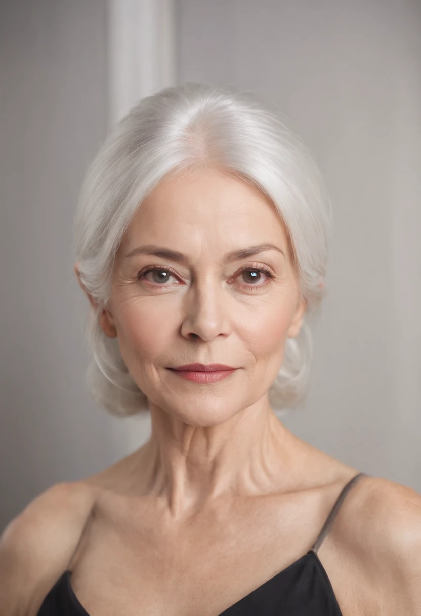 (((Stare straight at the camera))) Women around 60 years of age, Natural white hair, Slender and elegant, beautiful, ultra sharp focus, Realistic shots, Yoga clothes