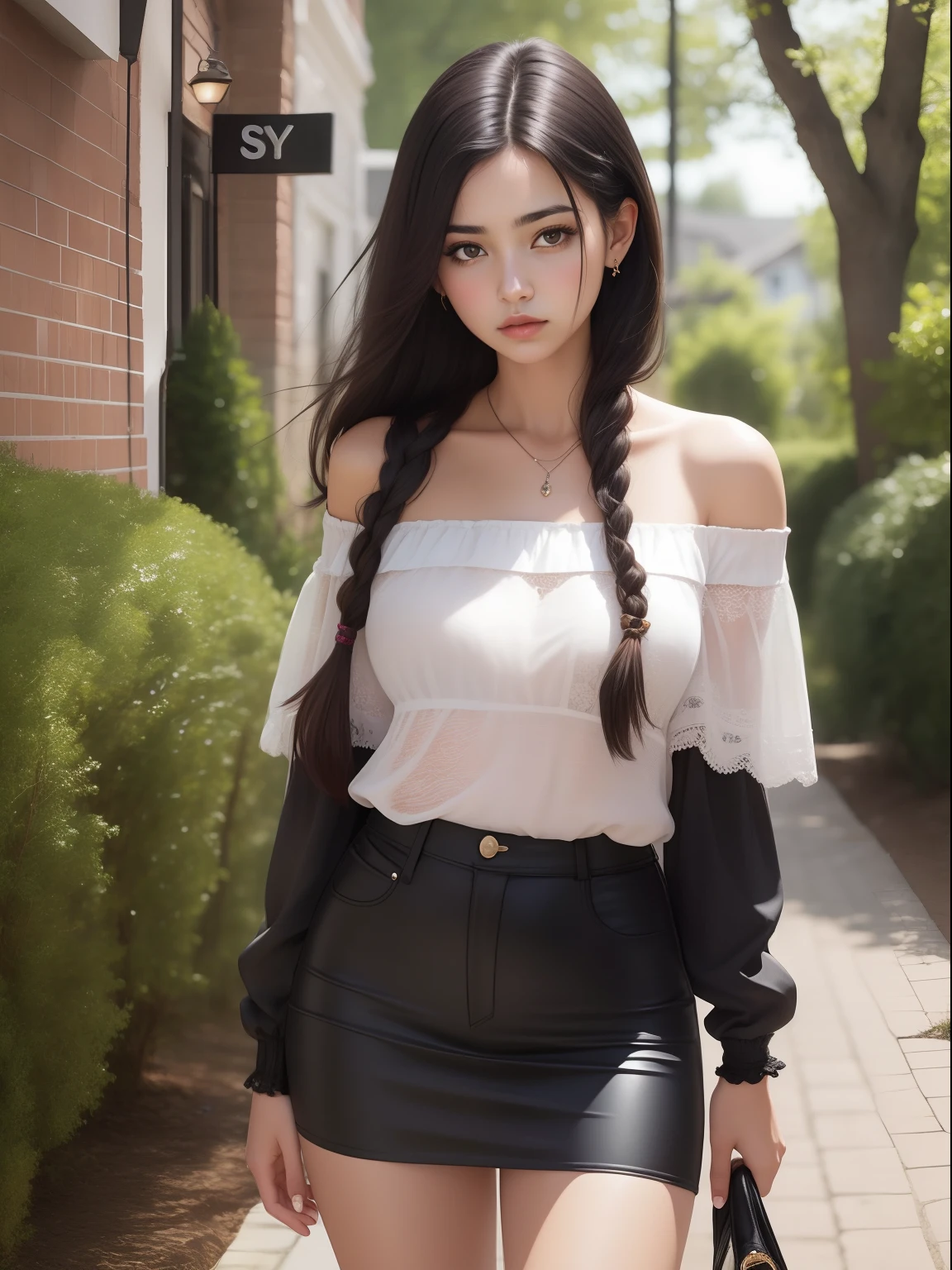 1 girl, Best Quality, Masterpiece, Realistic, Off-the-shoulder outfit, black  hair, braided into a loose braid, Coast, skye