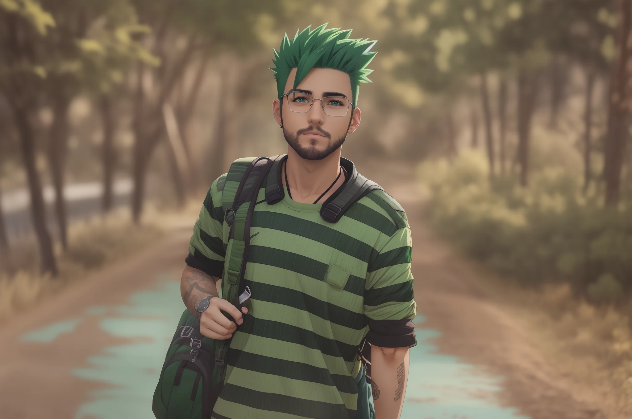 arafed man with green hair and a backpack walking down a dirt road, realistic anime artstyle, realistic artstyle, realistic anime 3 d style, digital painting highly detailed, anime lush john 8k woods, green colored skin, realism artstyle, photorealistic artstyle, anime style character, forest punk, anime realism style, 2 d anime style, male anime style