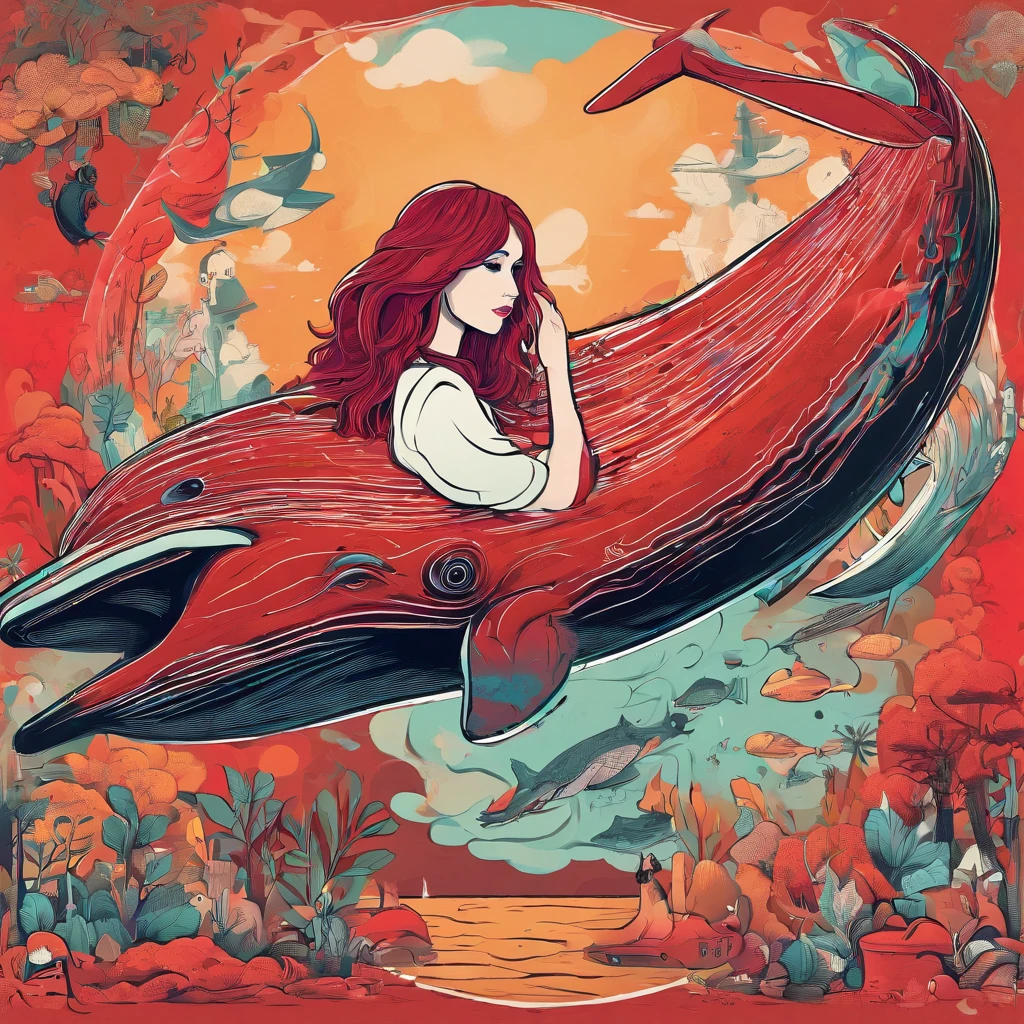 Fantastic atmosphere，Red-haired girl perched on fat red whales, cute images, Whales floating in the air, Fantastic forest background,Whales have two fins placed in the direction of the tail