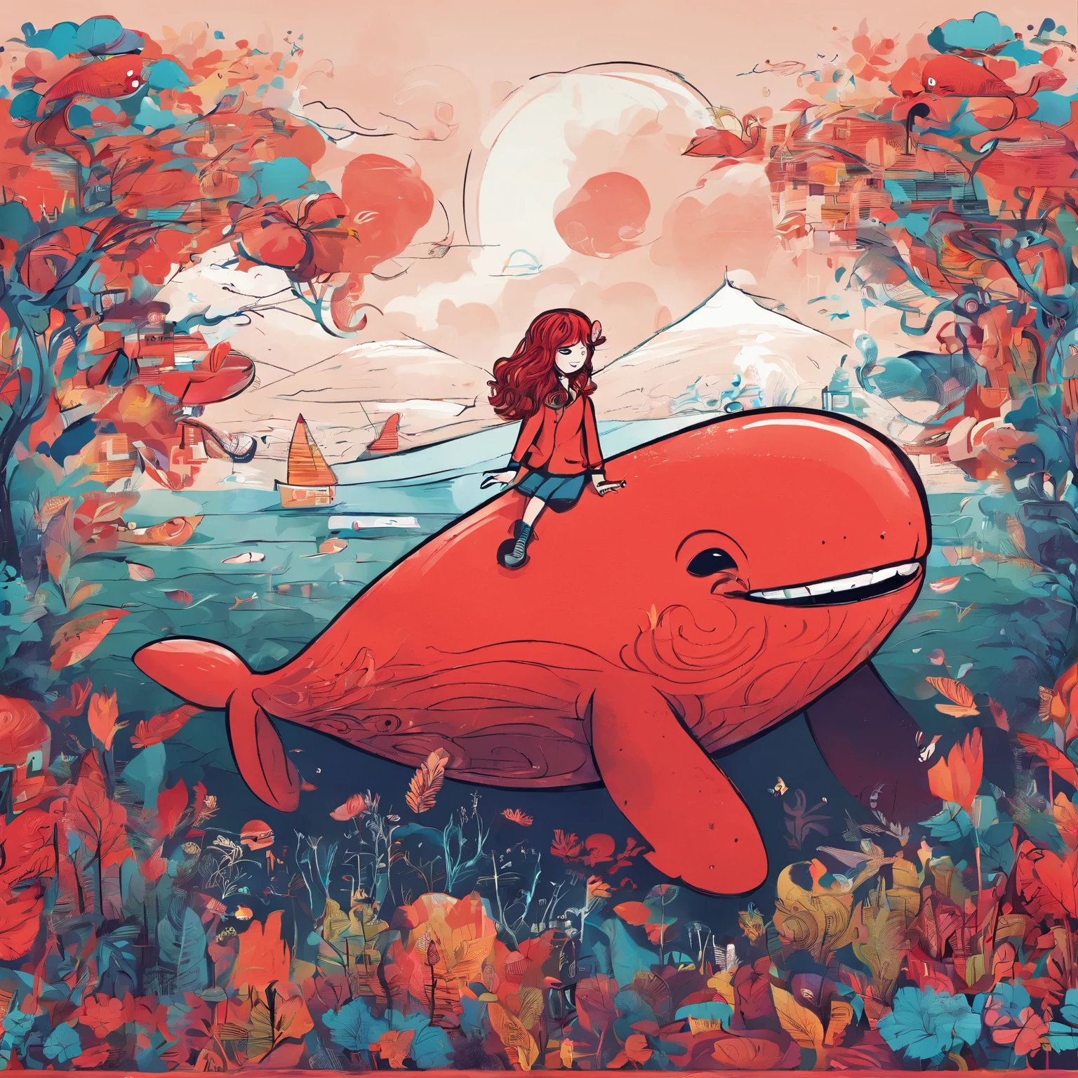 Fantastic atmosphere，Red-haired girl perched on a fat red whale, cute images, Whales floating in the air, Fantastic forest background