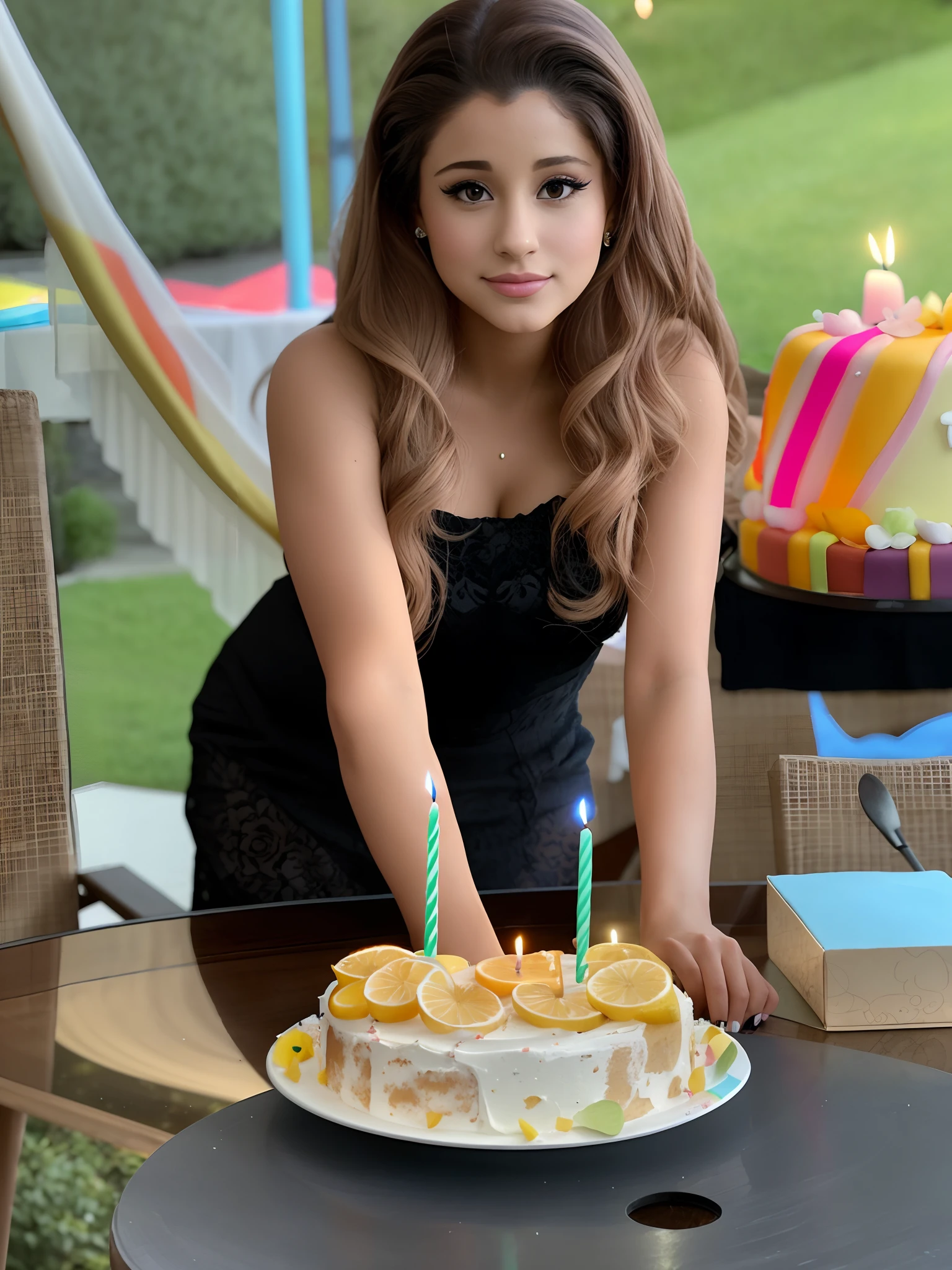 Ariana Grande woman cutting a cake with a candle on a table outside, holding a birthday cake, celebrating a birthday, she is about 3 0 years old, she is about 30 years old, she is about 2 5 years old, 🐿🍸🍋, 21 years old, 2 4 years old, profile image, 2 0 years old, 20 years old