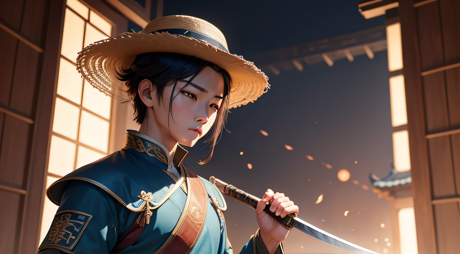 Light marking is unscrupulous,A beautiful boy who imitates Zhang Wuji,Wearing ancient Hanfu,With a sword behind his back,Wearing a thatched hat,Have a great heroic dream,Wear the costume of a hero,A beautiful boy man,Asian people,Looks like a girl
