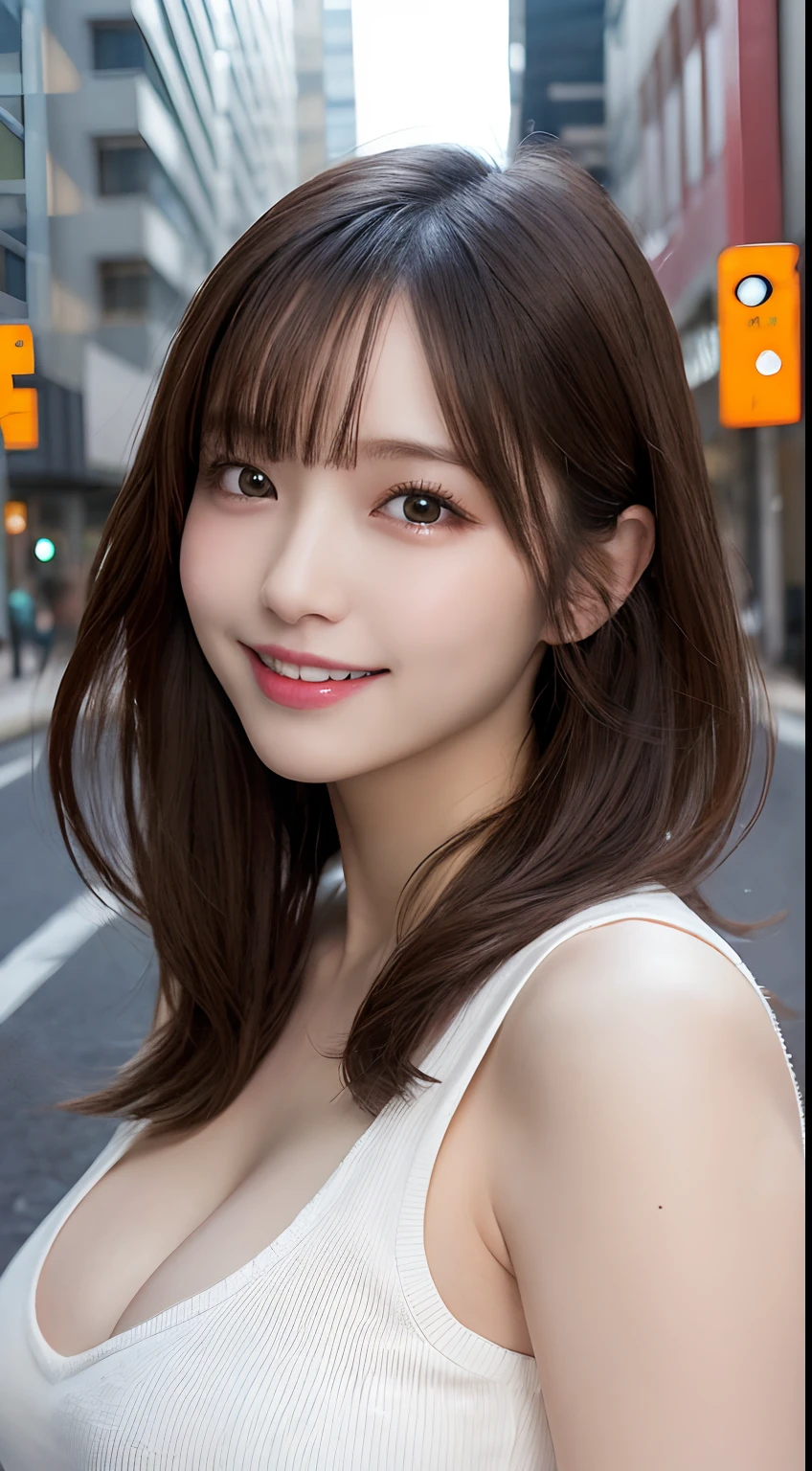 masutepiece, Best Quality, Illustration, Ultra-detailed, finely detail, hight resolution, 8K Wallpaper, Perfect dynamic composition, Beautiful detailed eyes, doress,Medium Hair, Big breasts, Natural Color Lip, Random and sexy poses,Smile,Aoyama Street Walk、20 years girl