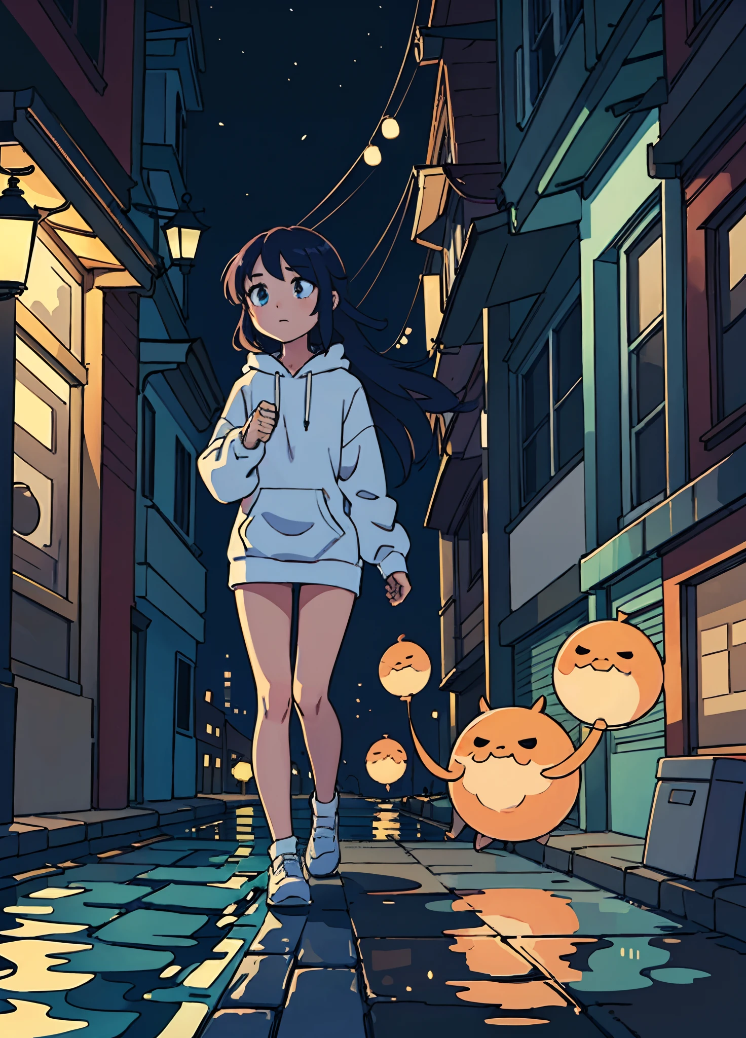 (best-quality:0.8), (best-quality:0.8), perfect anime, 1girl with fairy, plying with water on street, in the retro city, night, long hair, dark Ambience, perfrct body, mature, white hoodie. Rtx 4080, super realistic, suepr detail character, super detail city