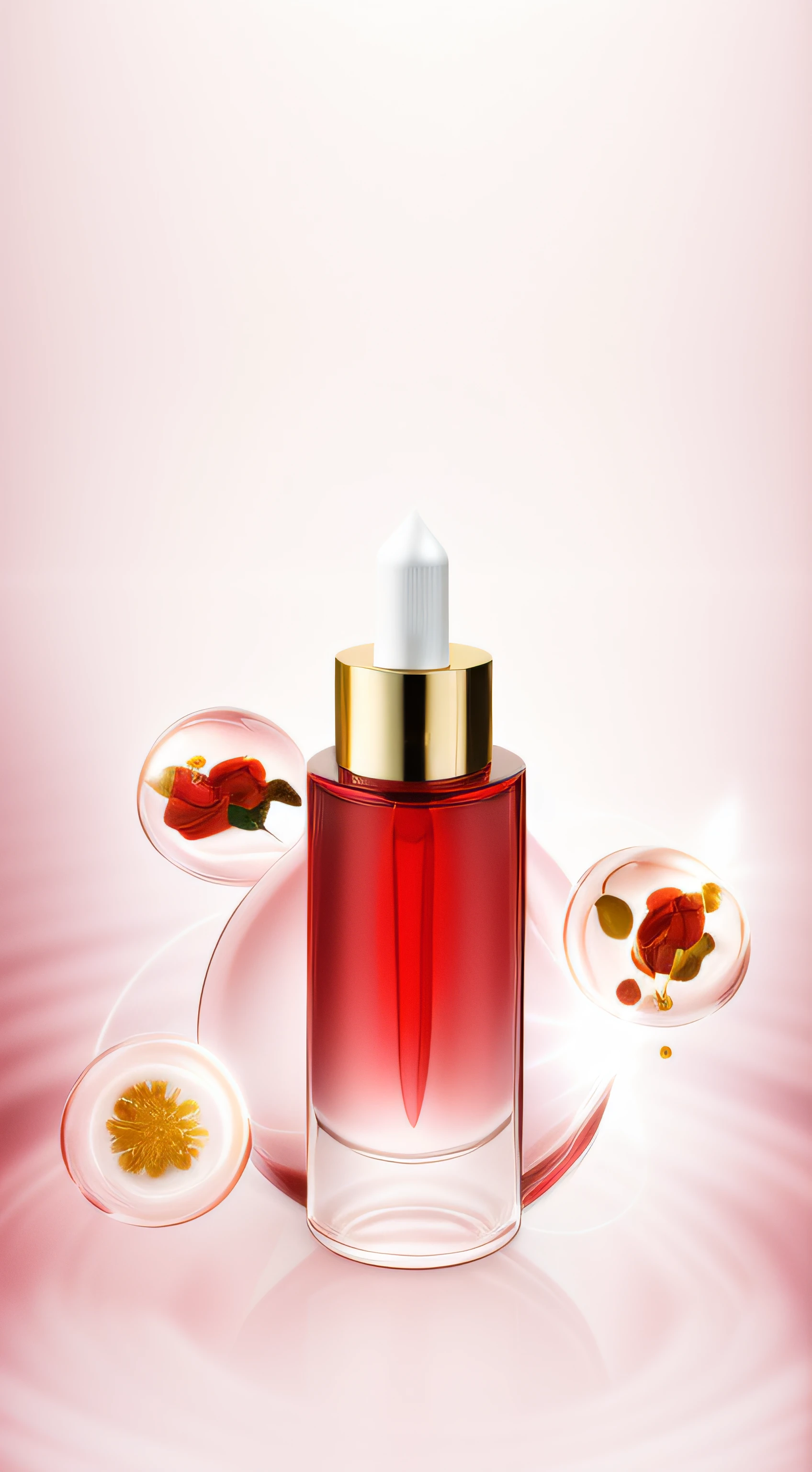 There was a bottle of perfume with a gold cap and a spoonful of liquid, red realistic 3 d render, Realistic red background, Red liquid, high quality topical render, red glowing skin, Product photography, photorealistic illustration, highly detailed composition, perfume, dramatic product shot, health potion, commercial product photography, Product photography 4 K, 3 d product render