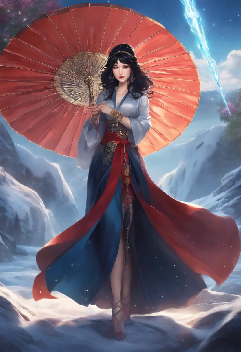 Two-dimensional Japan comic style,Black hair,Female mage,Open high slit long skirt,high-heels,Holding a gemstone magic staff,Ice magic
