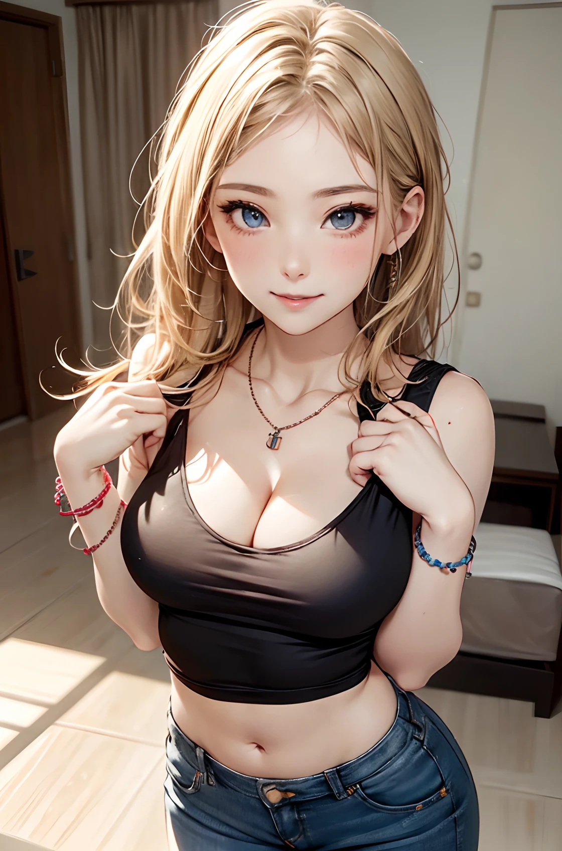 (Lifelike, hight resolution:1.3), 1 girl with a perfect body, super fine face and eyes,length hair, Random Color Oversized Tank Top:1.2,Tight pants,exposing large cleavage、(Put your hands on your chest:1.3)、sexy smiling、a necklace、A bracelet