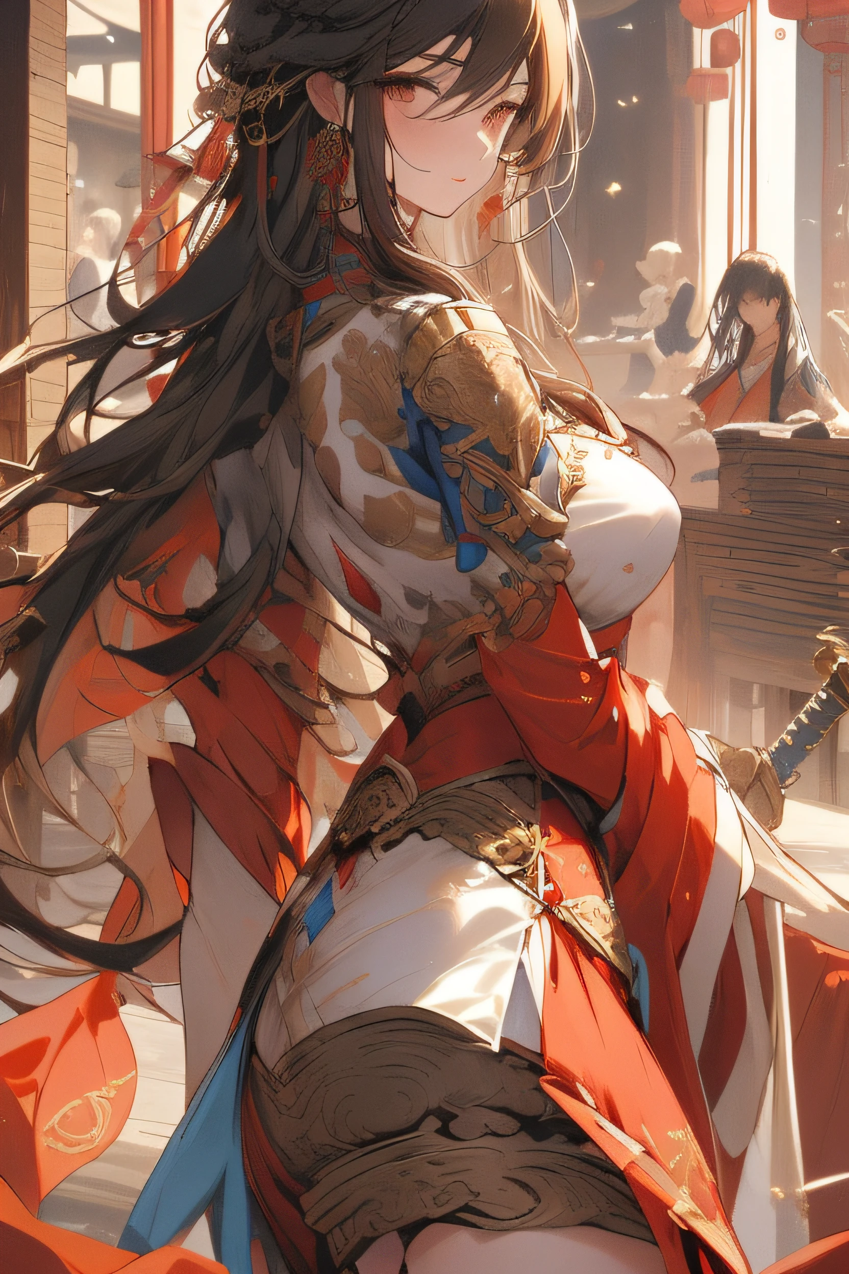 ，（tmasterpiece：1.2），best qualtiy，PIXIV，Halfway portrait，
1girll， faeries，Royal sister，ancient Chinese costume，swordsmen，Ancient architectural background，fantasy，cultivating immortals， long whitr hair， arma， The sword， shift dresses，， reddress，， jewely， 耳Nipple Ring， Keep one's mouth shut， hair adornments， longer sleeves， By bangs， standing on your feet， nedium breasts， Wide sleeves， Very long hair， brunette color hair， A brown-haired，  full bodyesbian， Chinese clothes， simple backgound， hair adornments