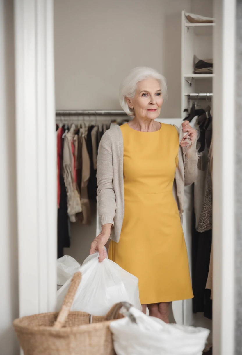 (((I'm tidying up in my closet))) Women around 60 years of age, Natural white hair, Slender and elegant, beautiful, ultra sharp focus, Realistic shots, Yellow dress