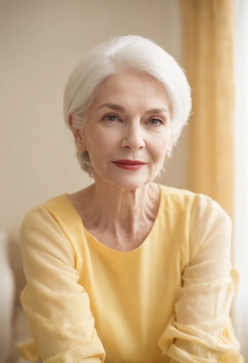 (((I'm tidying up in my closet))) Women around 60 years of age, Natural white hair, Slender and elegant, beautiful, ultra sharp focus, Realistic shots, Yellow dress