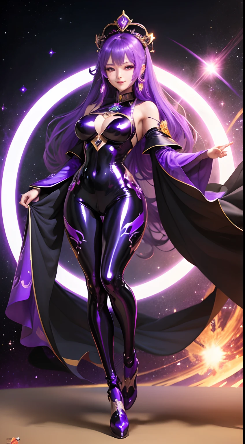 Best Quality,Black hole in the background,Empress of the universe ruling the galaxy,A triumphant smile,RPG Game Last Boss,Fluttering purple hair,((Glossy metallic purple full body bodysuit and leggings)),gorgeous costumes,Chinese Idol