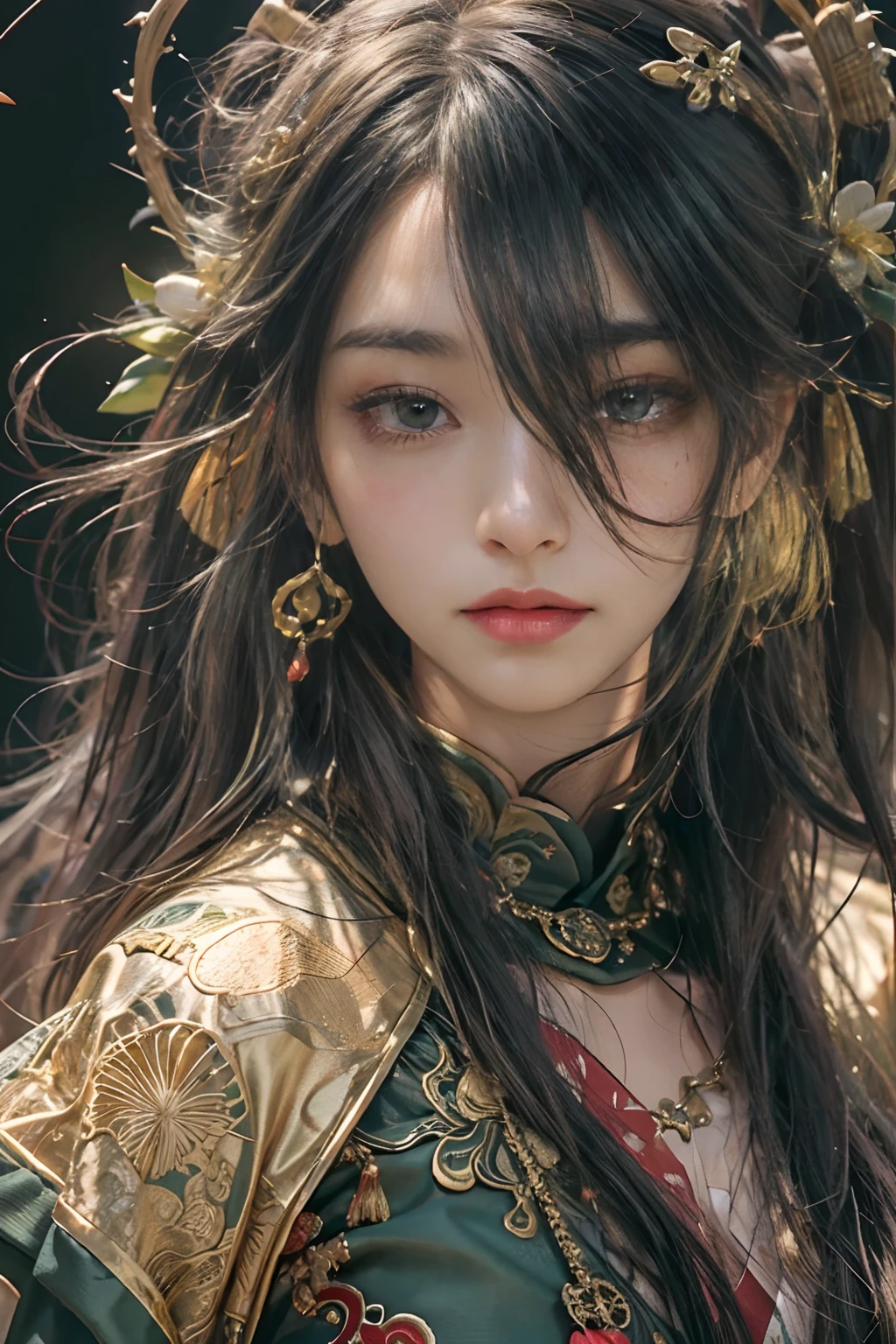 (Hyper-realistic) , (illustratio), (Increase the resolution), (8K), (RAW Photos,best qualtiy),(realisticlying,photos realistic:1.3),best qualtiy,ighly detailed,tmasterpiece,1girll,Hair pulled back, crescent-shaped hair ornament, close-up, macro photography, Contemporary art, high detal, masutepiece, ccurate,Tea picker,The upper part of the body_Body,dynamic angle,The world is proficient in theater,Messy_long_hair,best qualtiy,Highly detailed CG Unity 8k badass,inky,breath taking,cinematric light,lens_f lare,gufeng_Style,Fantastic Big Eyes,Green clothes,Han mansions of the Tang Dynasty,(Heavy makeup:1.2),(folding fan:1.2),(laughingly),(gold foil),Tortoise Back Bamboo,Bamboo,Sony main shot