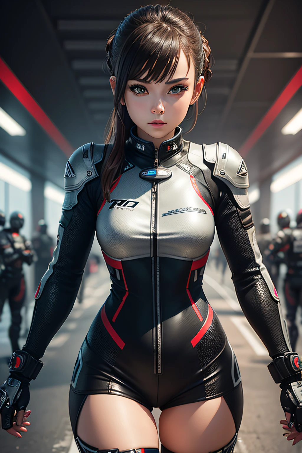 (8K, Photorealistic, Raw photo, of the highest quality: 1.3), (1girl in), Super beautiful, (Realistic face), (boyish, Silver Color Berry Shorthair), Beautiful cyberpunk suit, Glare that captivates the viewer, Beautiful expression, Beautiful breasts, (Realistic skin), Beautiful...