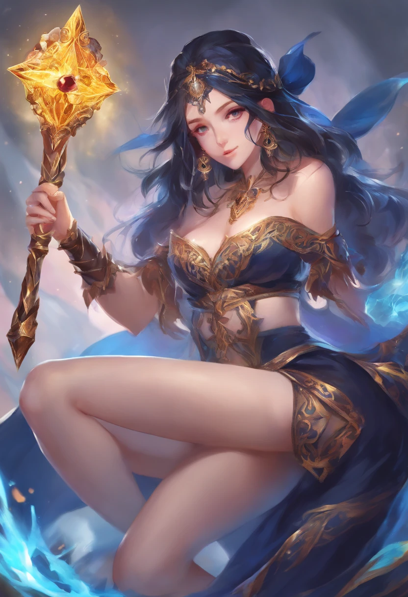 Black hair,Female mage,Open high slit long skirt,high-heels,Holding a gemstone magic staff,Ice magic