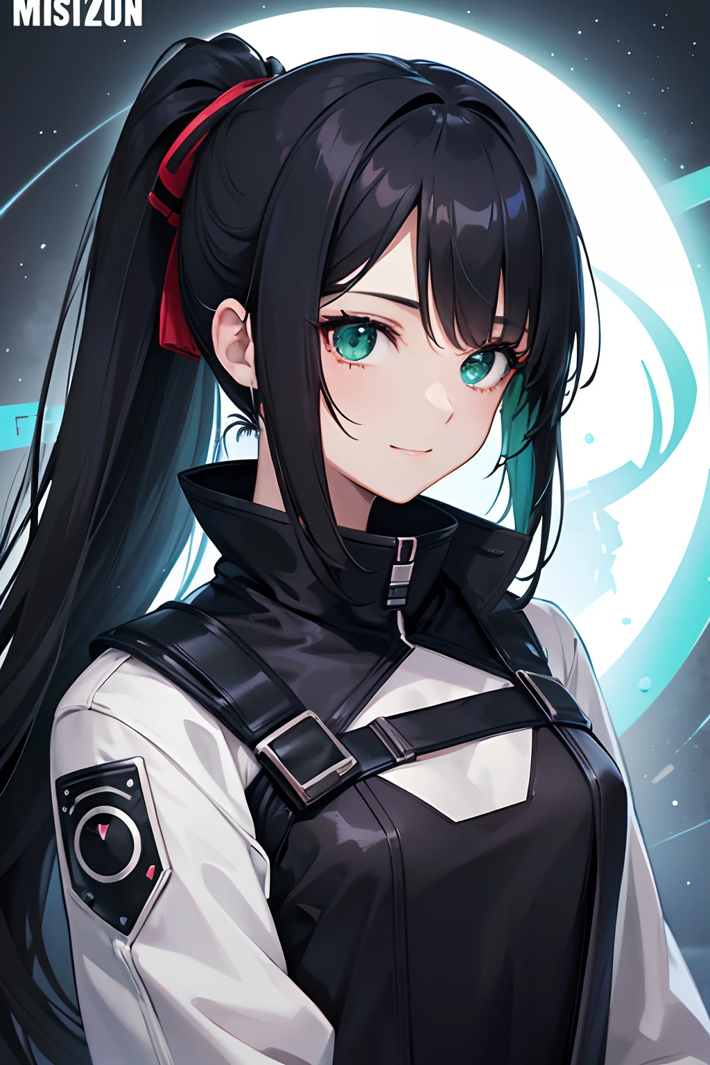 Cover magazine, anime, Adul woman, woman, solo, long hair, black hair, ponytail hair, green eyes, model, beautiful, half body potrait, fantasy, sci-fi, scifi, modern clothes, future clothes, ciber theme. Digital. Onee-san, misterius. Unusual haircut. Unusual hairstyles. Smile.
