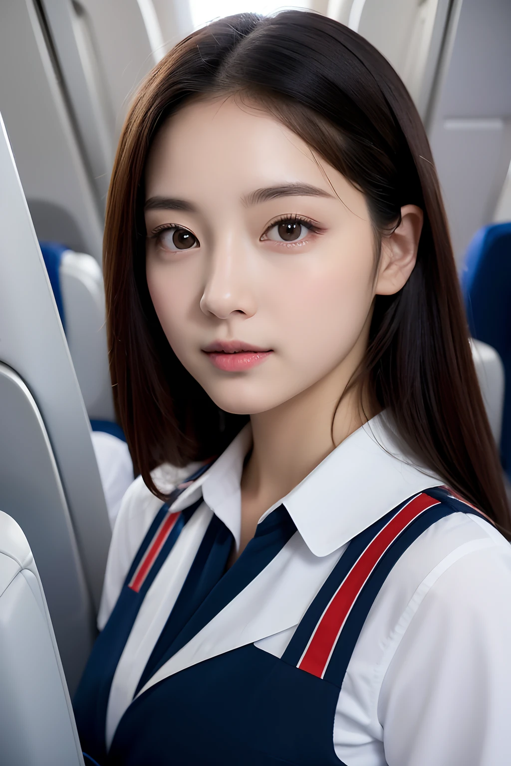 Top Quality, Masterpiece, 8K, Ultra High Definition, (Photorealistic: 1.4), 1 Girl, Beautiful Face, Symmetrical Eyes, Big, Perfect Body Proportions, Stewardess Uniform, Viewer's Look, (Inside the Airplane: 1.2), Front View, Shoulder Jump, Absolute Area (1.3),