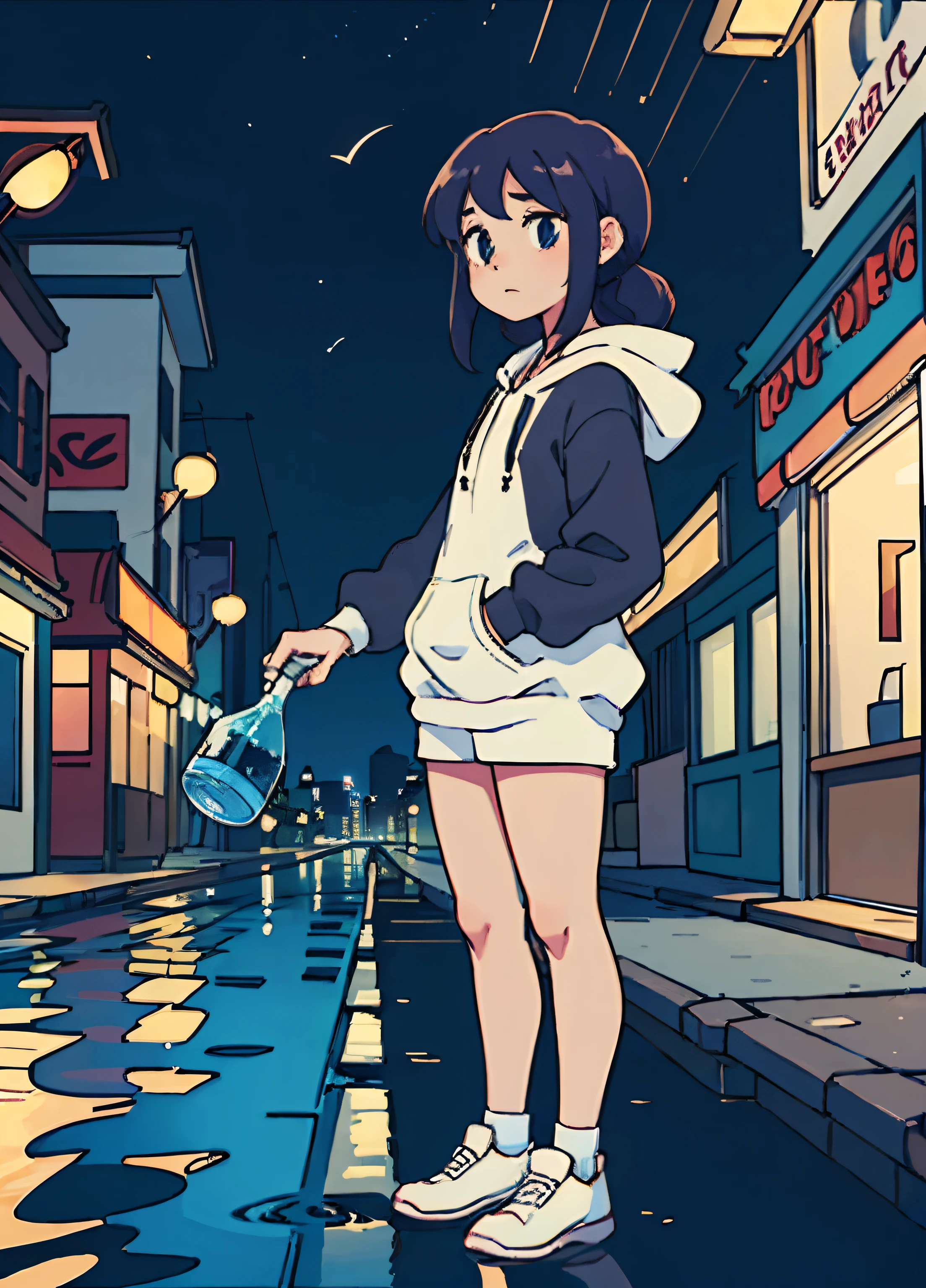 (best-quality:0.8), (best-quality:0.8), perfect anime, 1girl with fairy, plying with water on street, in the retro city, night, long hair, dark Ambience, perfrct body, mature, white hoodie. Rtx 4080, super realistic, suepr detail character, super detail city
