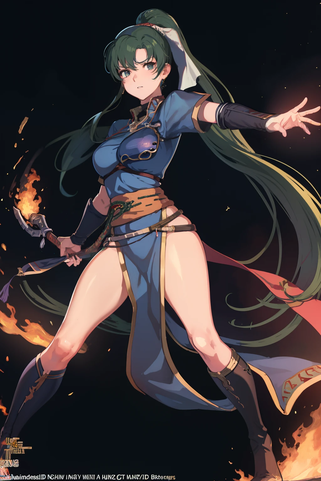 (Lyn from Fire Emblem) (High quality) (full body) (heroic pose) (background of night and stars) (best quality)(extremely detailed)