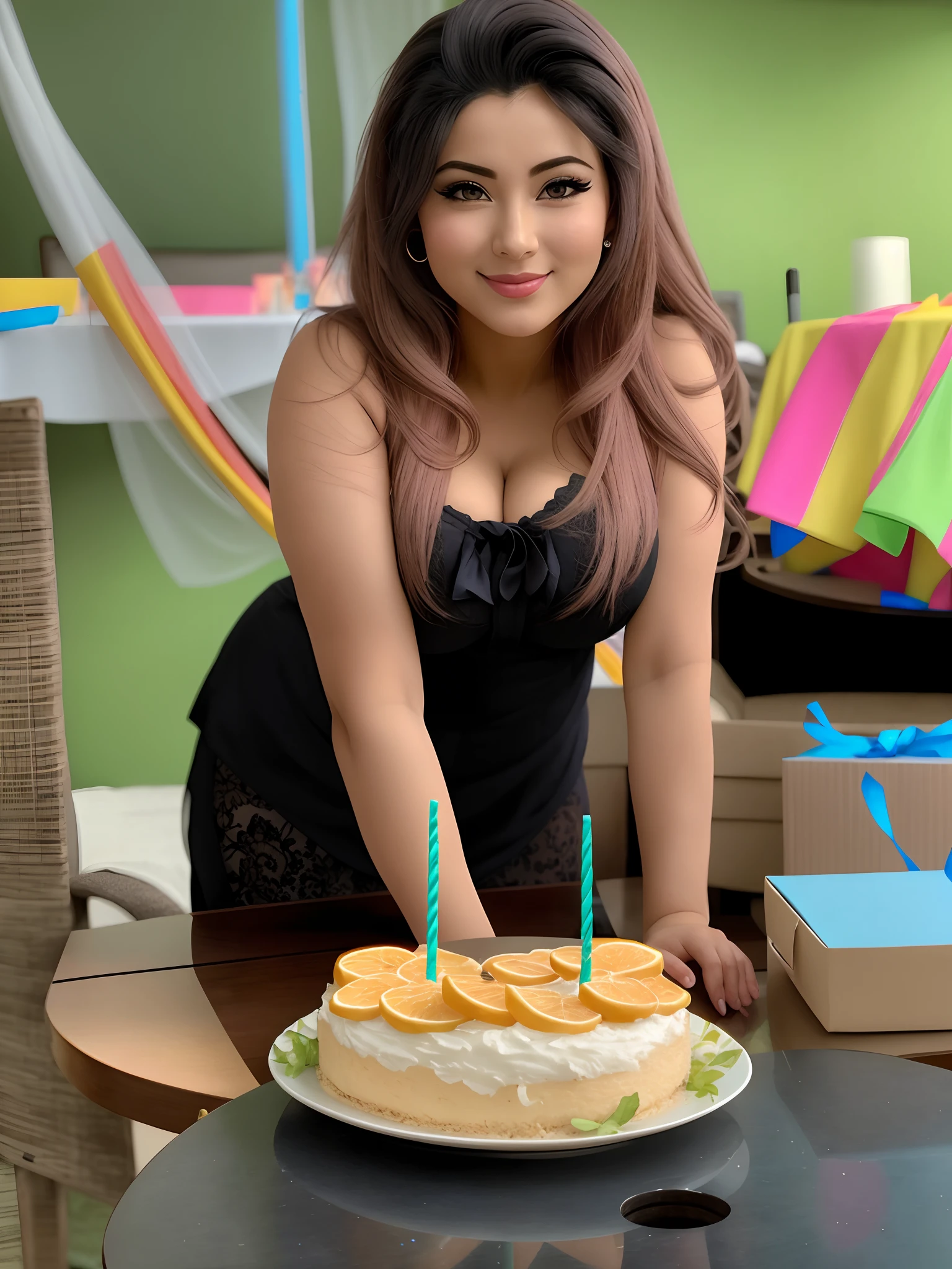 Beautiful Bulma from Dragonball Z celebrating her birthday. Her very large, heavy breasts strain the fabric of her blouse as she leans forward and smiles into the camera (massive breasts) (breast_expansion)