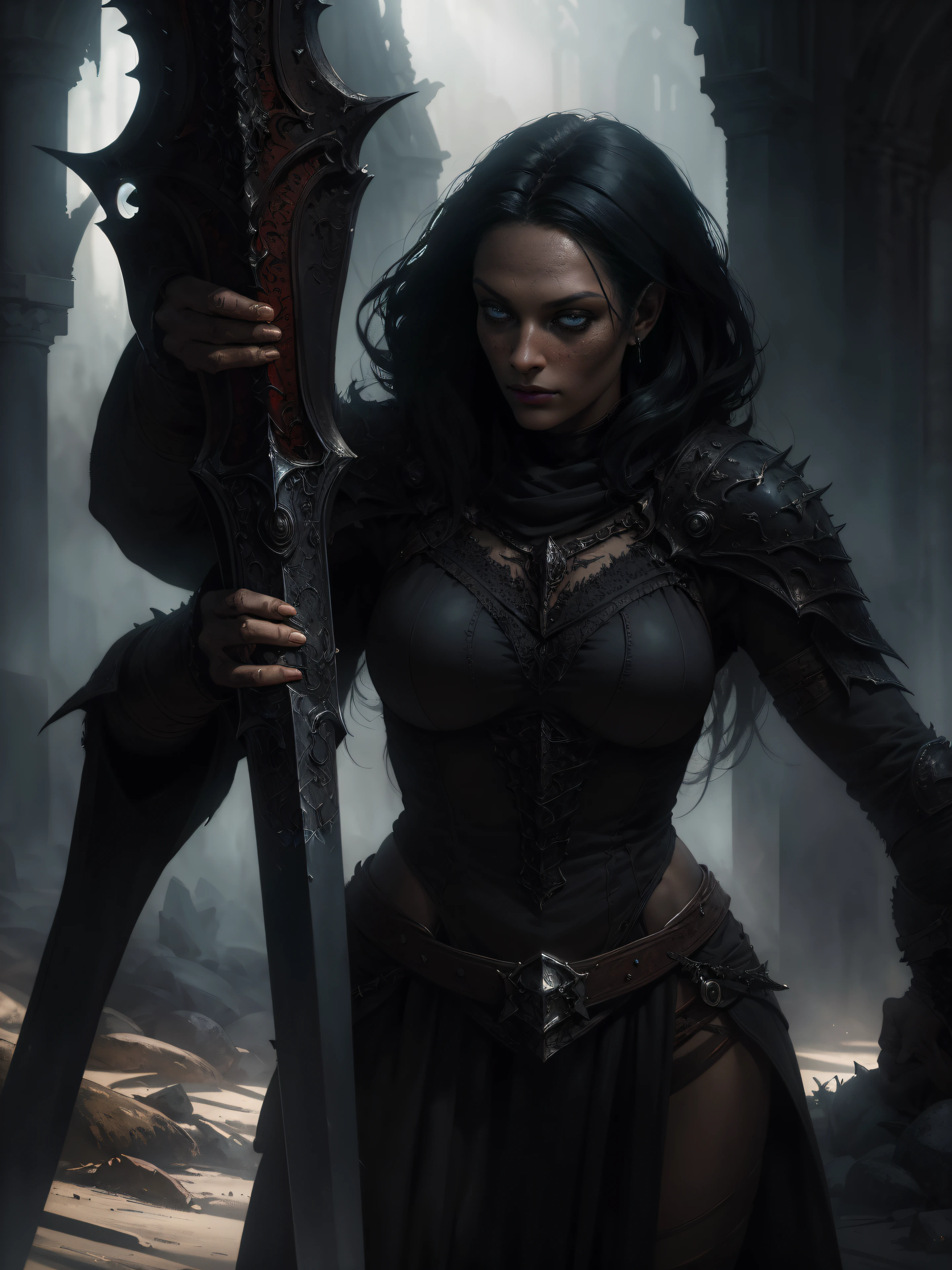 portraite of a, A 25-year-old girl holds a flaming sword leaning on it, dark fantasy style art, dark fantasy mixed with realism, gothic fantasy art, Rich, Deep Colours, (intricate details:0.9), (HDR, hyper-detailing:1.2), (natural skin textures, hyper realisitc, soft light, Sharp), [thigh gap].