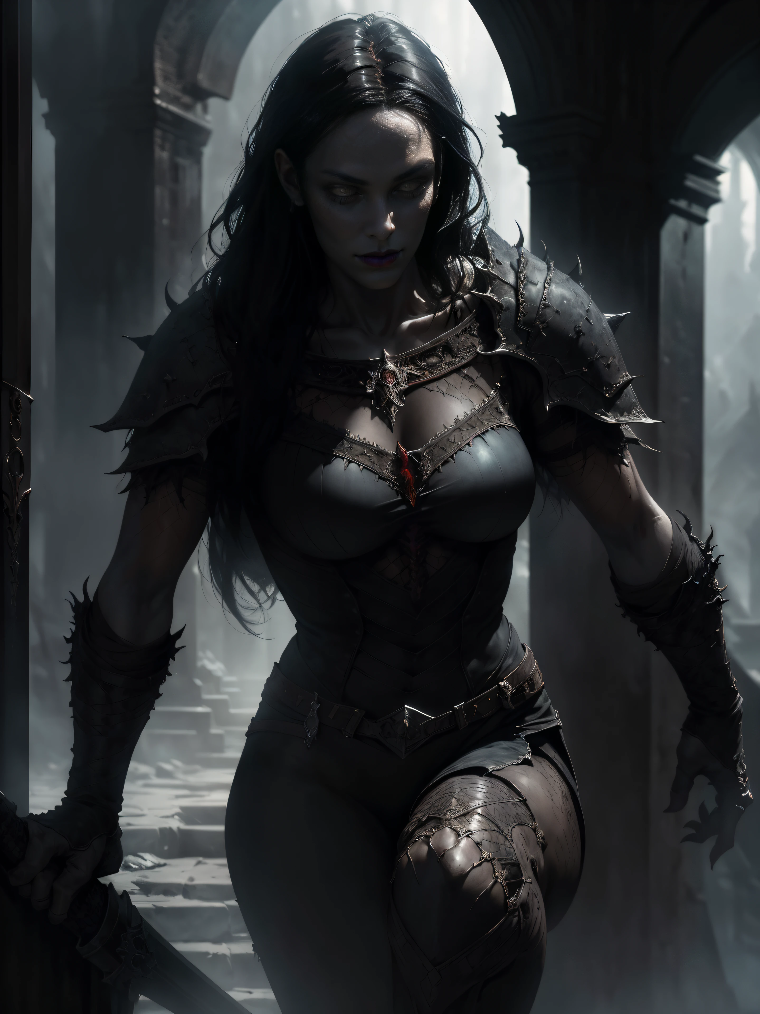 1girl, (long black hair), large breasts, large buttocks, glowing green eyes, standing pose, nonchalant, ((pale grey skin)), gothic makeup, beautiful face, elf, sultry clothing, fishnet stockings, high heels, chiaroscuro lighting, dark fantasy, cinematic, dramatic composition, ethereal, moody atmosphere, digital art, hyperrealistic, 8k, ultra-detailed, photorealistic, masterpiece, ((((solo))))), ((demonic fantasy background))