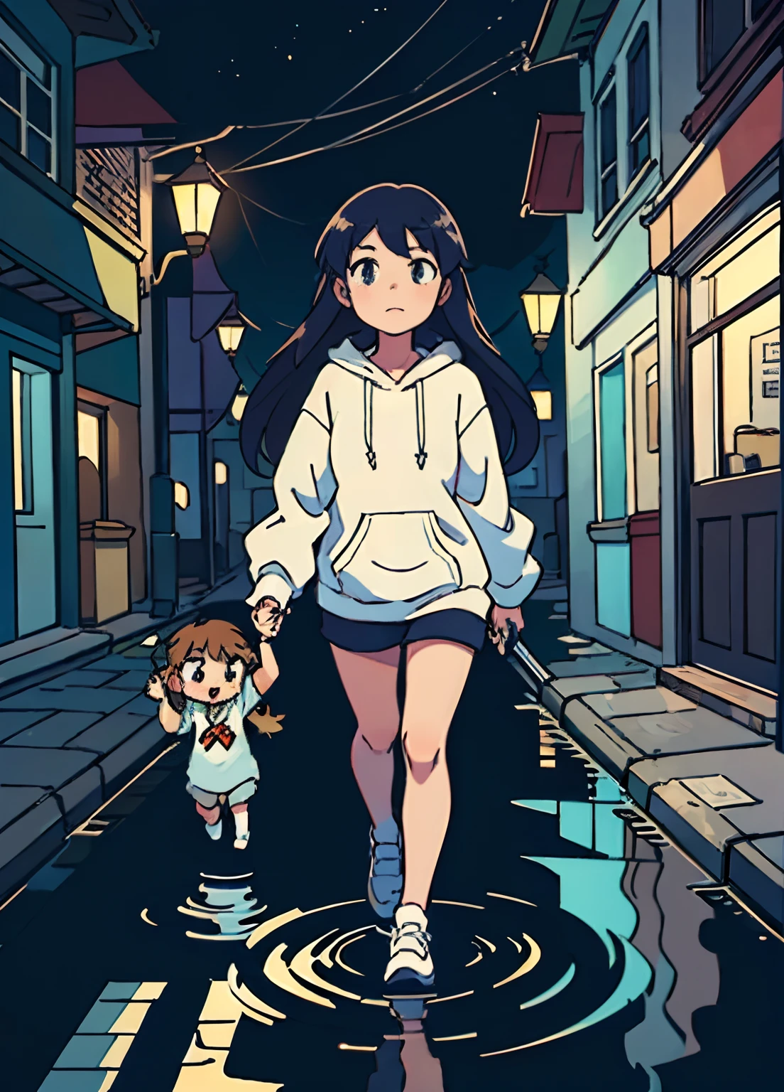 (best-quality:0.8), (best-quality:0.8), perfect anime, 1girl with fairy, plying with water on street, in the retro city, night, long hair, dark Ambience, perfrct body, mature, white hoodie. Rtx 4080, super realistic, suepr detail character, super detail city