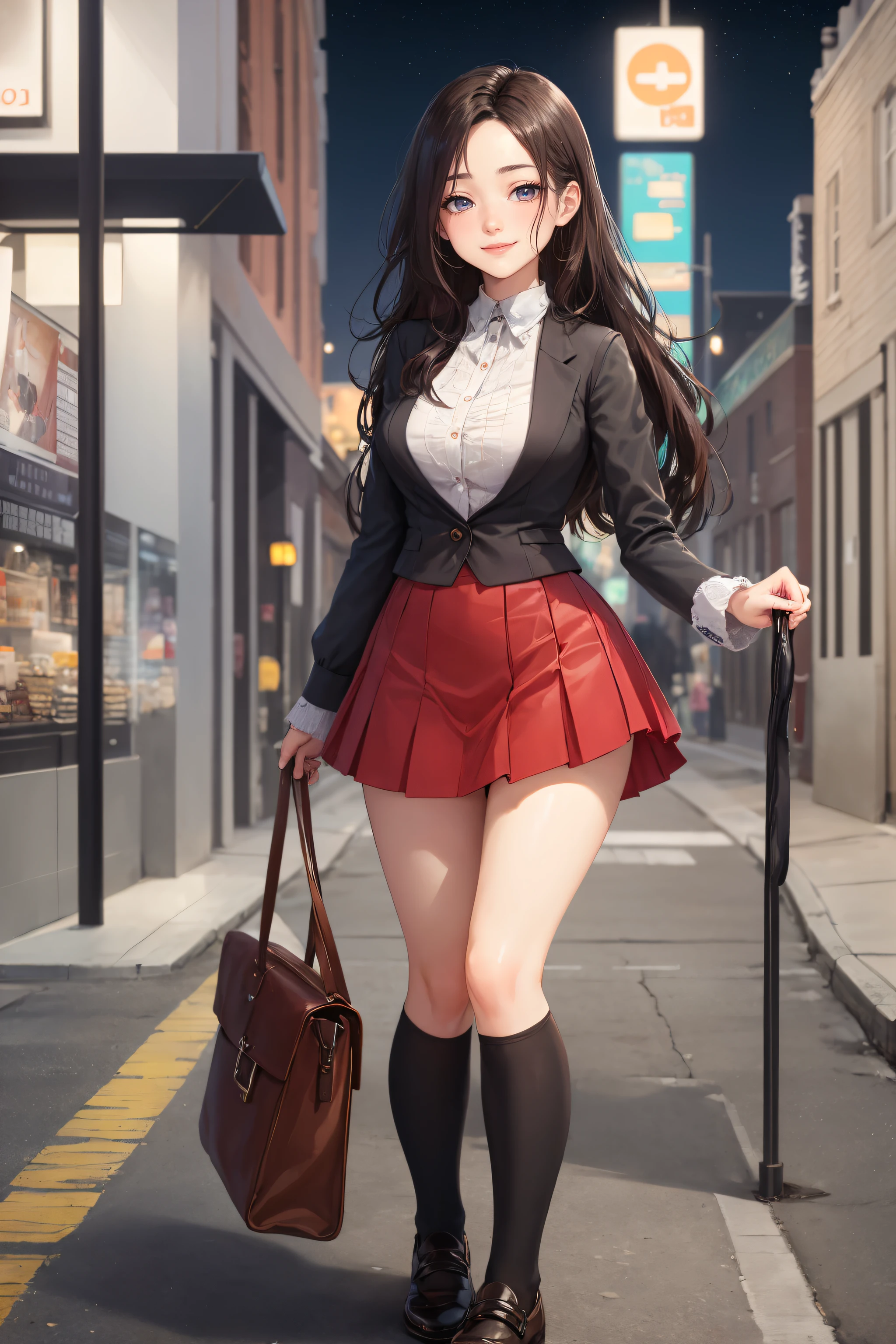 Anime girl in a skirt and jacket walking down a street - SeaArt AI