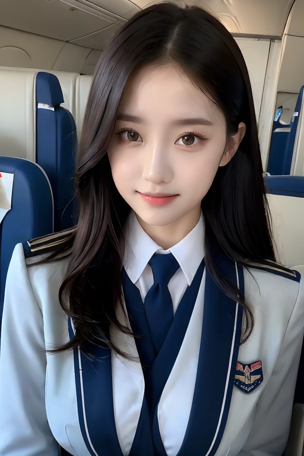 Top Quality, Masterpiece, 8K, Ultra High Definition, (Photorealistic: 1.4), 1 Girl, Beautiful Face, Symmetrical Eyes, Big, Perfect Body Proportions, Stewardess Uniform, Viewer's Look, (Inside the Airplane: 1.2), Front View, Shoulder Jump, Absolute Area (1.3),