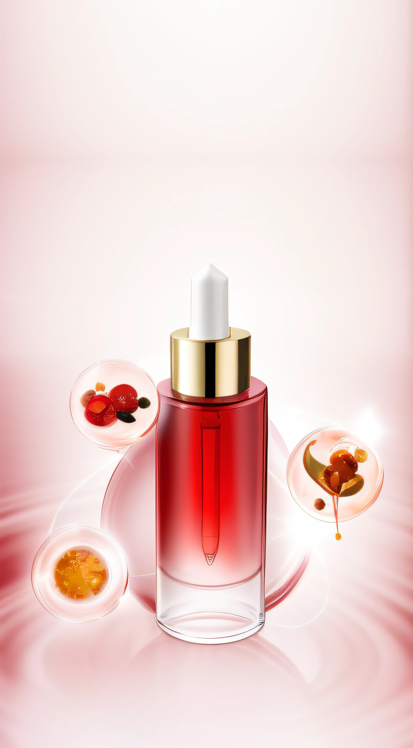 There was a bottle of perfume with a gold cap and a spoonful of liquid, red realistic 3 d render, Realistic red background, Red liquid, high quality topical render, red glowing skin, Product photography, photorealistic illustration, highly detailed composition, perfume, dramatic product shot, health potion, commercial product photography, Product photography 4 K, 3 d product render