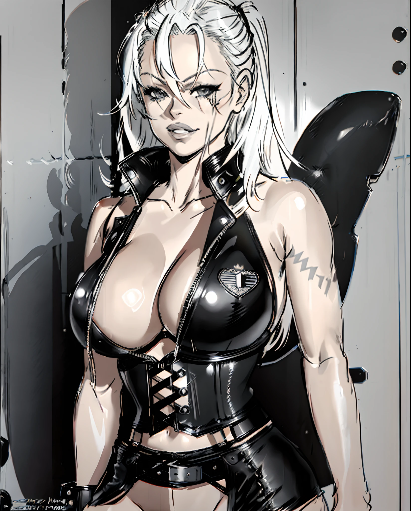 araffed Pamela Anderson in a black leather dress posing for a picture, pamela anderson, in a leather corset, black leather bra, wearing leather swim suite, leather top, skintight leather clothes, sultry smirk, leather,, wearing leather bikini), dressed in biker leather, leathery, monochrome, greyscale, manga sketch
