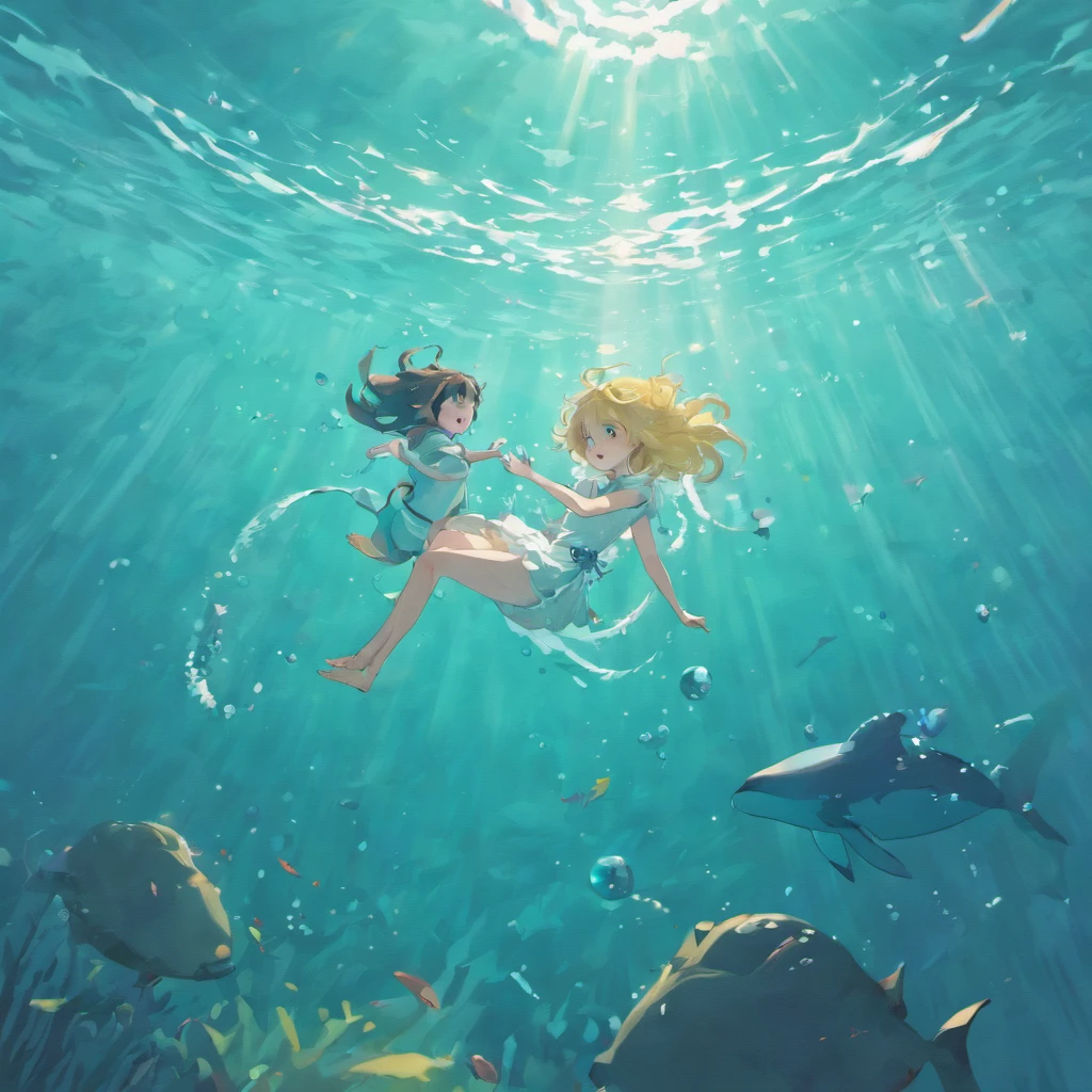 In a Lillie pond a waternympf with a small blond midget German spitz swimming under water swim gold fish, Pixar style