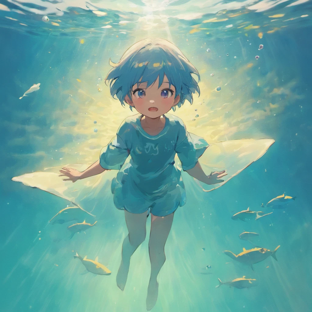 illustration：The boy in white swims with a whale at the bottom of the sea，The surrounding bubbles slowly rise，Sunlight shines obliquely into the water。