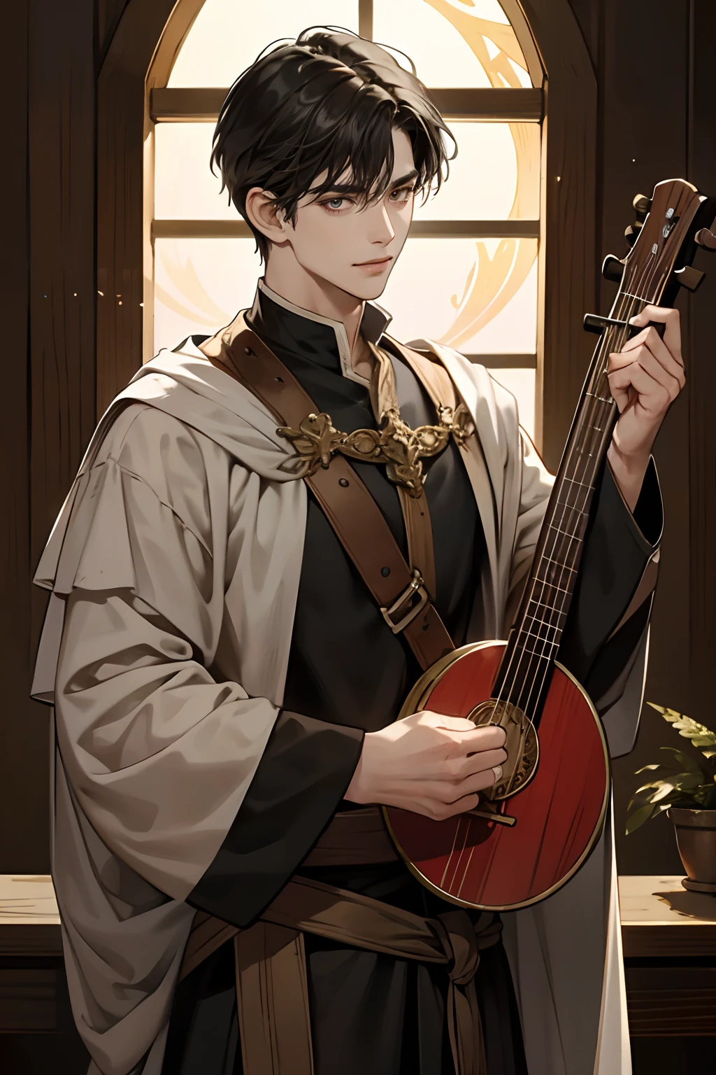 A handsome man,holding a lute, um artista trovador medieval, um artista da era medieval, um bardo elegante para um RPG, uma Arte medieval, He's in a dark wooden room with little light, iluminada por tochas, luz baixa, Exotic warm colors in a mysterious and sexy theme, smile,eyes look at the camera.