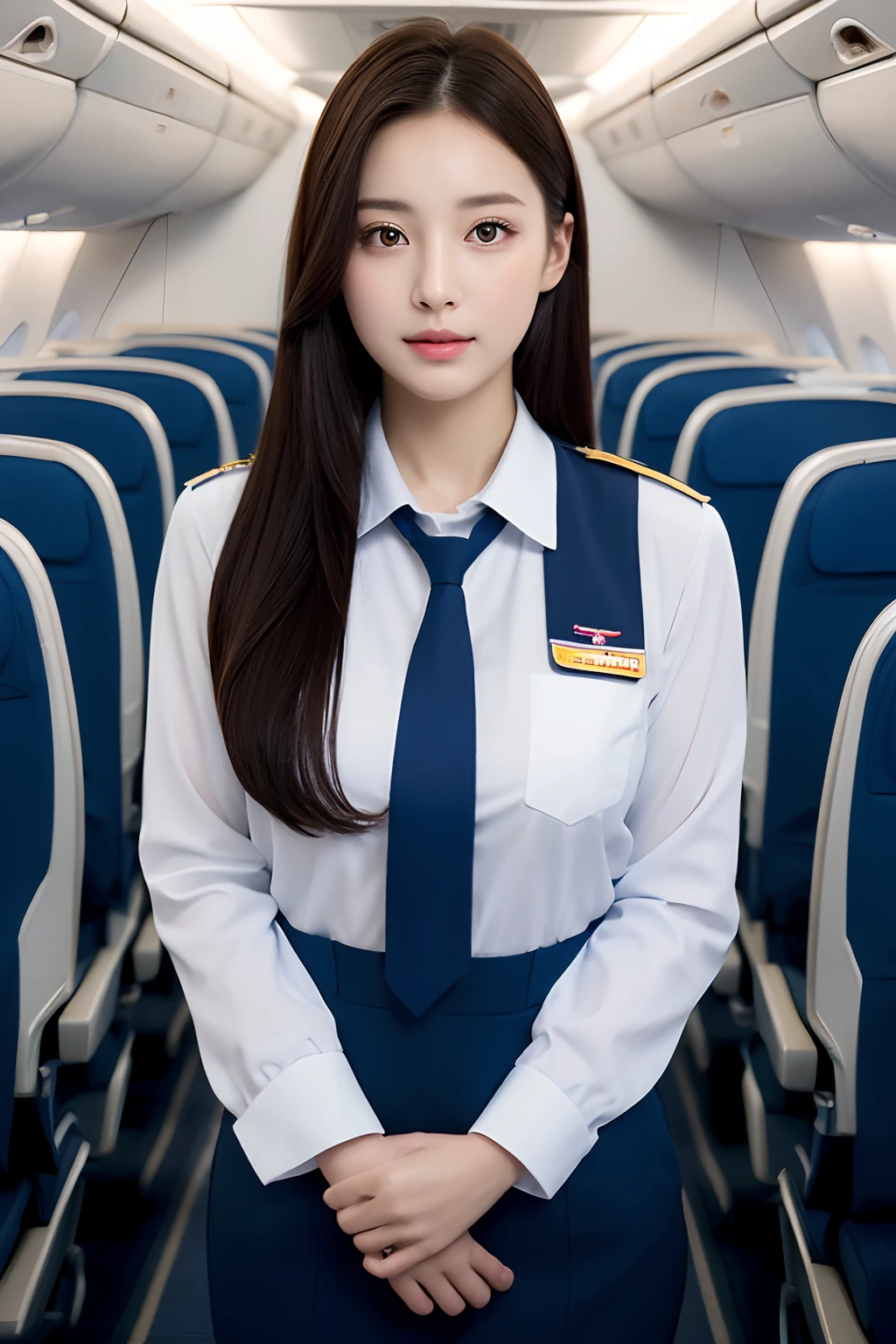 Top Quality, Masterpiece, 8K, Ultra High Definition, (Photorealistic: 1.4), 1 Girl, Beautiful Face, Symmetrical Eyes, Big, Perfect Body Proportions, Stewardess Uniform, Viewer's Look, (Inside the Airplane: 1.2), Front View, Shoulder Jump, Absolute Area (1.3),