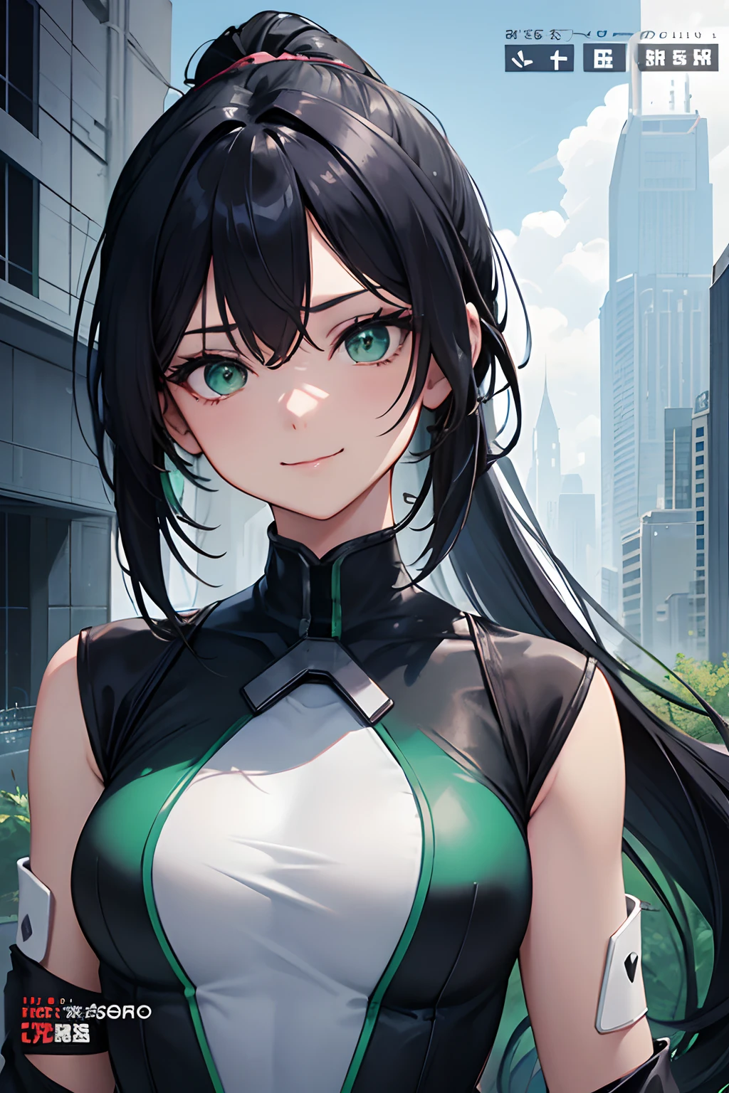 Cover magazine, anime, Adul woman, woman, solo, long hair, black hair, ponytail hair, green eyes, model, beautiful, half body potrait, fantasy, sci-fi, scifi, modern clothes, future clothes, ciber theme. Digital. Onee-san, misterius. Unusual haircut. Unusual hairstyles. Smile.