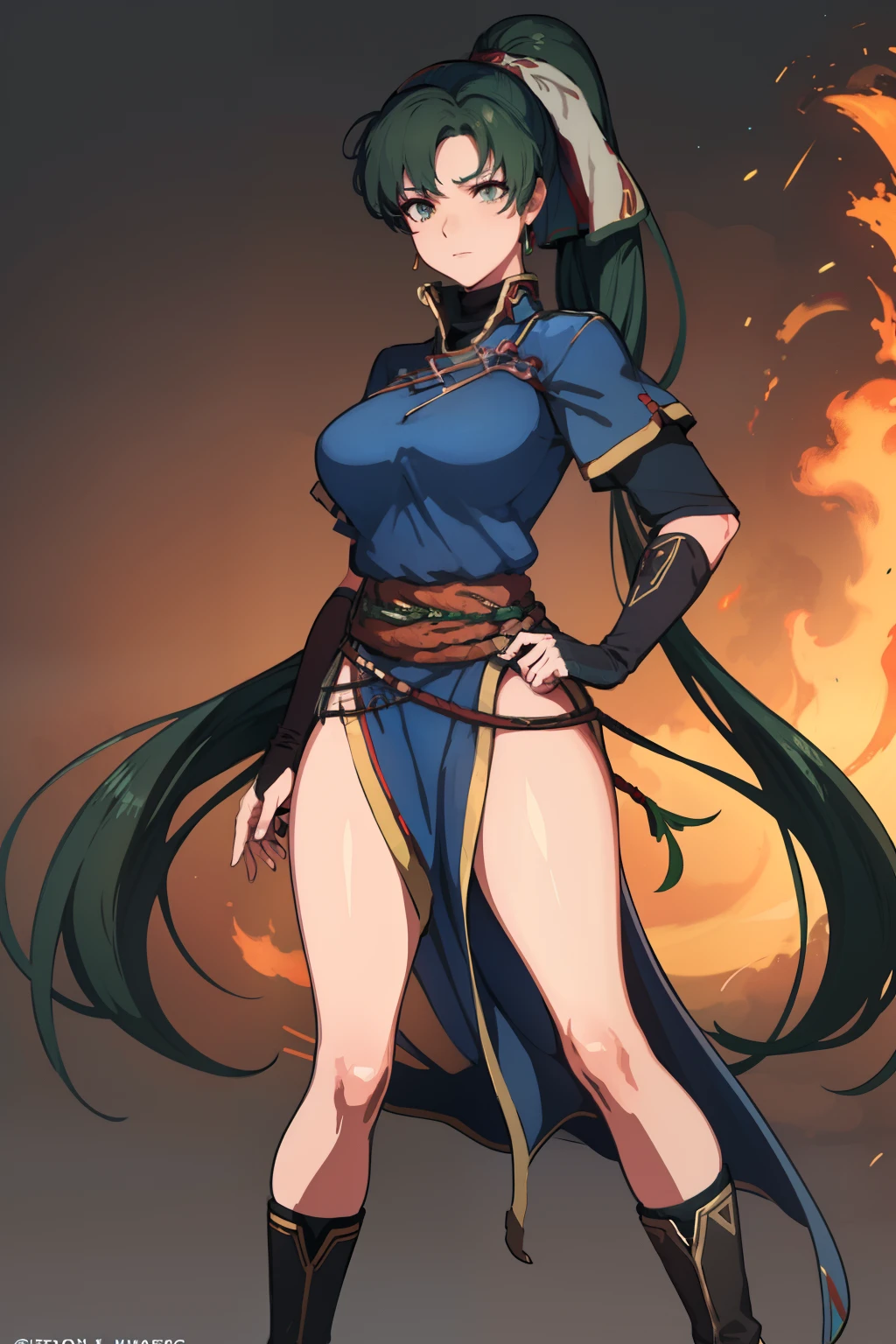 (Lyn from Fire Emblem) (High quality) (full body) (heroic pose) (city background) (best quality)(extremely detailed)