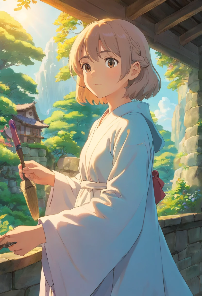 uma mulher jovem, ao lado de um cavalete, Holding a gown and a paintbrush, ao abrigo de um guarda-sol em um dia claro e ensolarado, no alto de uma pequena colina, uma pintura do Studio Ghibli, arte oficial, Soft lighting and Warm