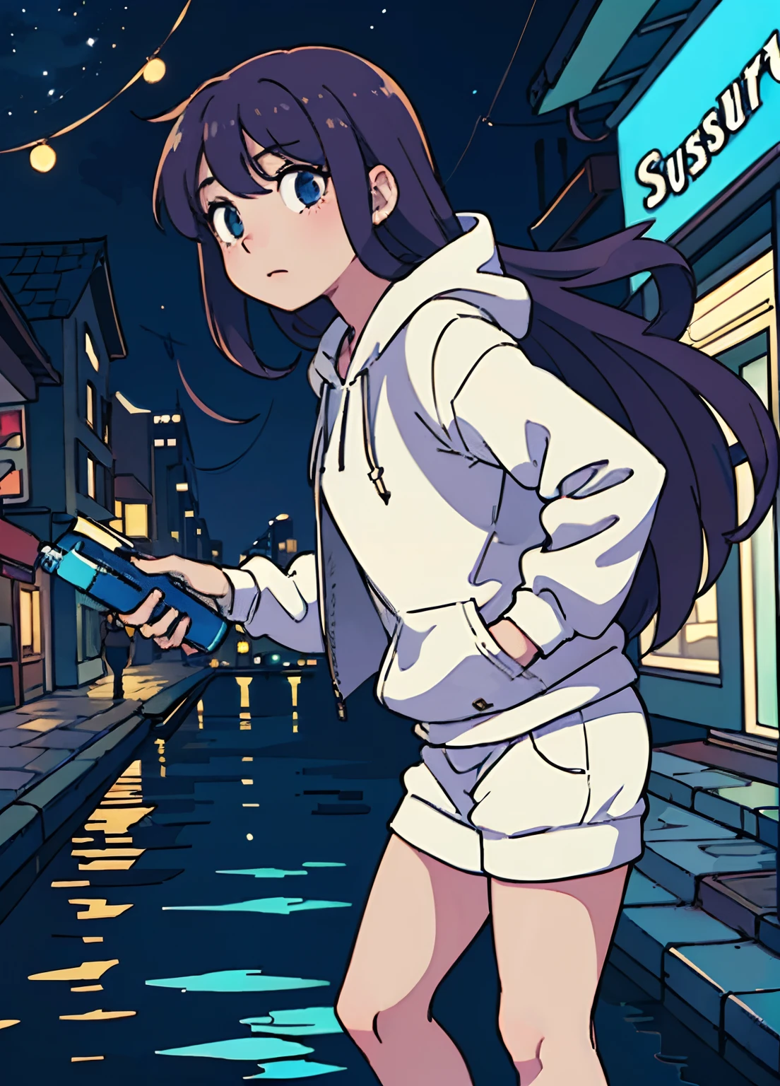 (best-quality:0.8), (best-quality:0.8), perfect anime, 1girl with fairy, plying with water on street, in the retro city, night, long hair, dark Ambience, perfrct body, mature, white hoodie. Rtx 4080, super realistic, suepr detail character, super detail city