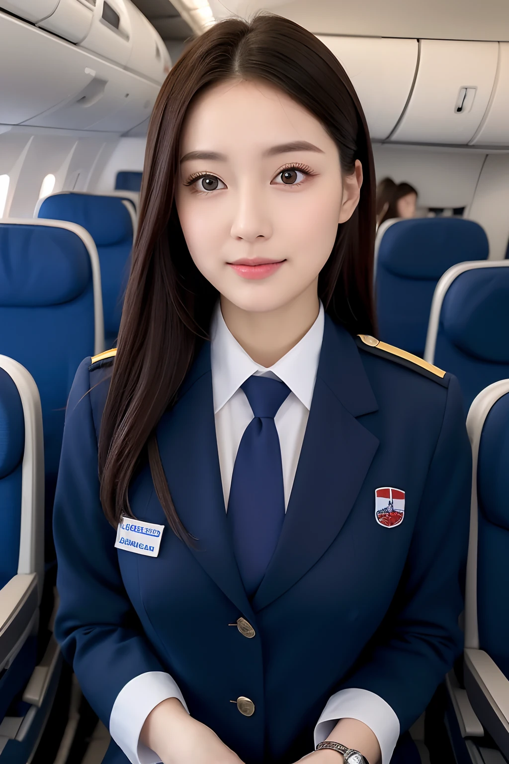 Top Quality, Masterpiece, 8K, Ultra High Definition, (Photorealistic: 1.4), 1 Girl, Beautiful Face, Symmetrical Eyes, Big, Perfect Body Proportions, Stewardess Uniform, Viewer's Look, (Inside the Airplane: 1.2), Front View, Shoulder Jump, Absolute Area (1.3),