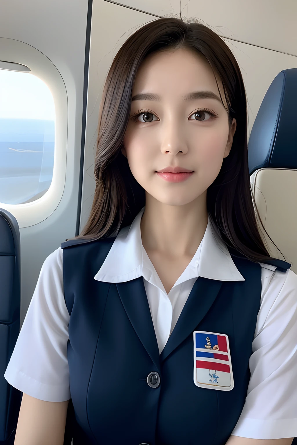 Top Quality, Masterpiece, 8K, Ultra High Definition, (Photorealistic: 1.4), 1 Girl, Beautiful Face, Symmetrical Eyes, Big, Perfect Body Proportions, Stewardess Uniform, Viewer's Look, (Inside the Airplane: 1.2), Front View, Shoulder Jump, Absolute Area (1.3),