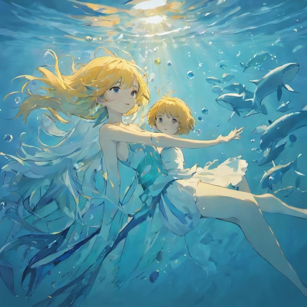 illustration:The boy in white swims with whales at the bottom of the sea,The surrounding bubbles slowly rise,Sunlight shines obliquely into the water。