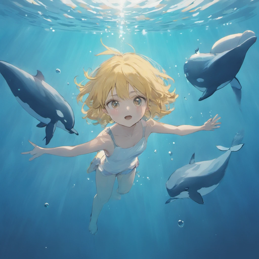 illustration:The boy in white swims with whales at the bottom of the sea,The surrounding bubbles slowly rise,Sunlight shines obliquely into the water。