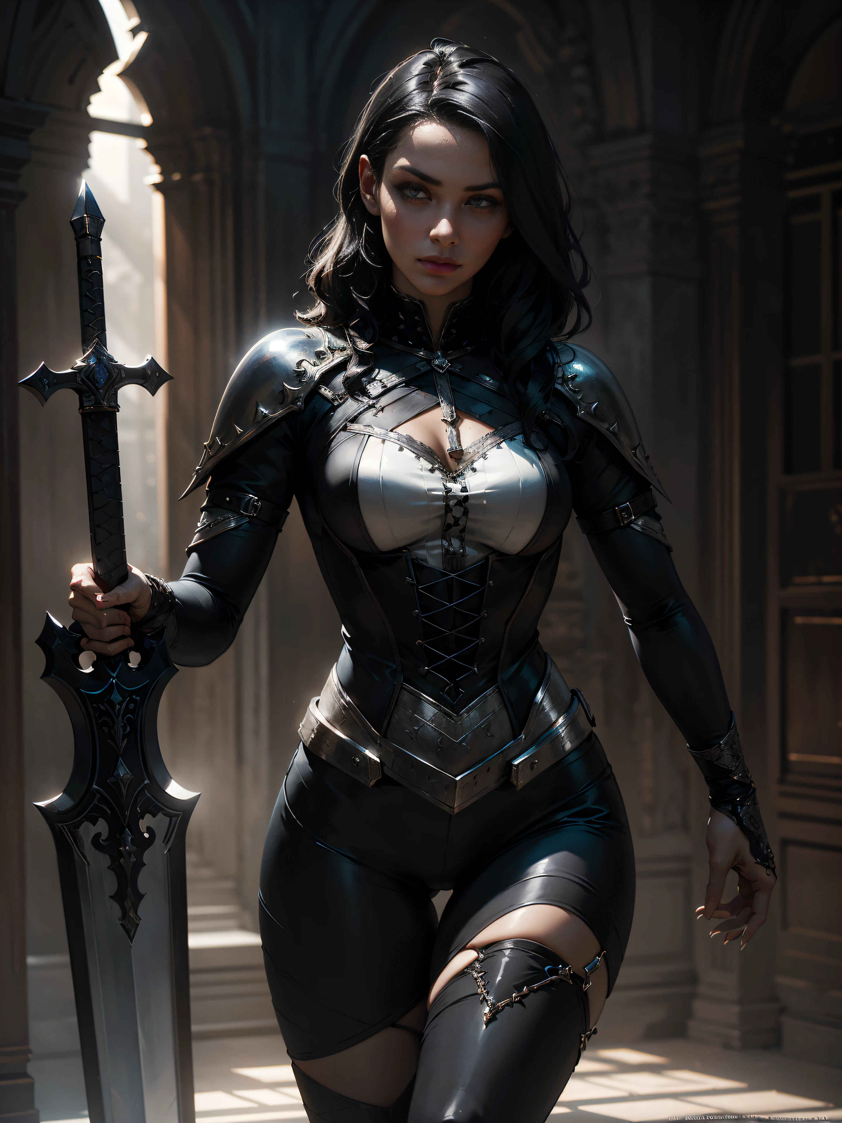 portraite of a, 25-year-old girl holding a sword, relying on it, dark fantasy style art, dark fantasy mixed with realism, gothic fantasy art, Rich, Deep Colours, (intricate details:0.9), (HDR, hyper-detailing:1.2), (natural skin textures, hyper realisitc, soft light, Sharp), [thigh gap].
