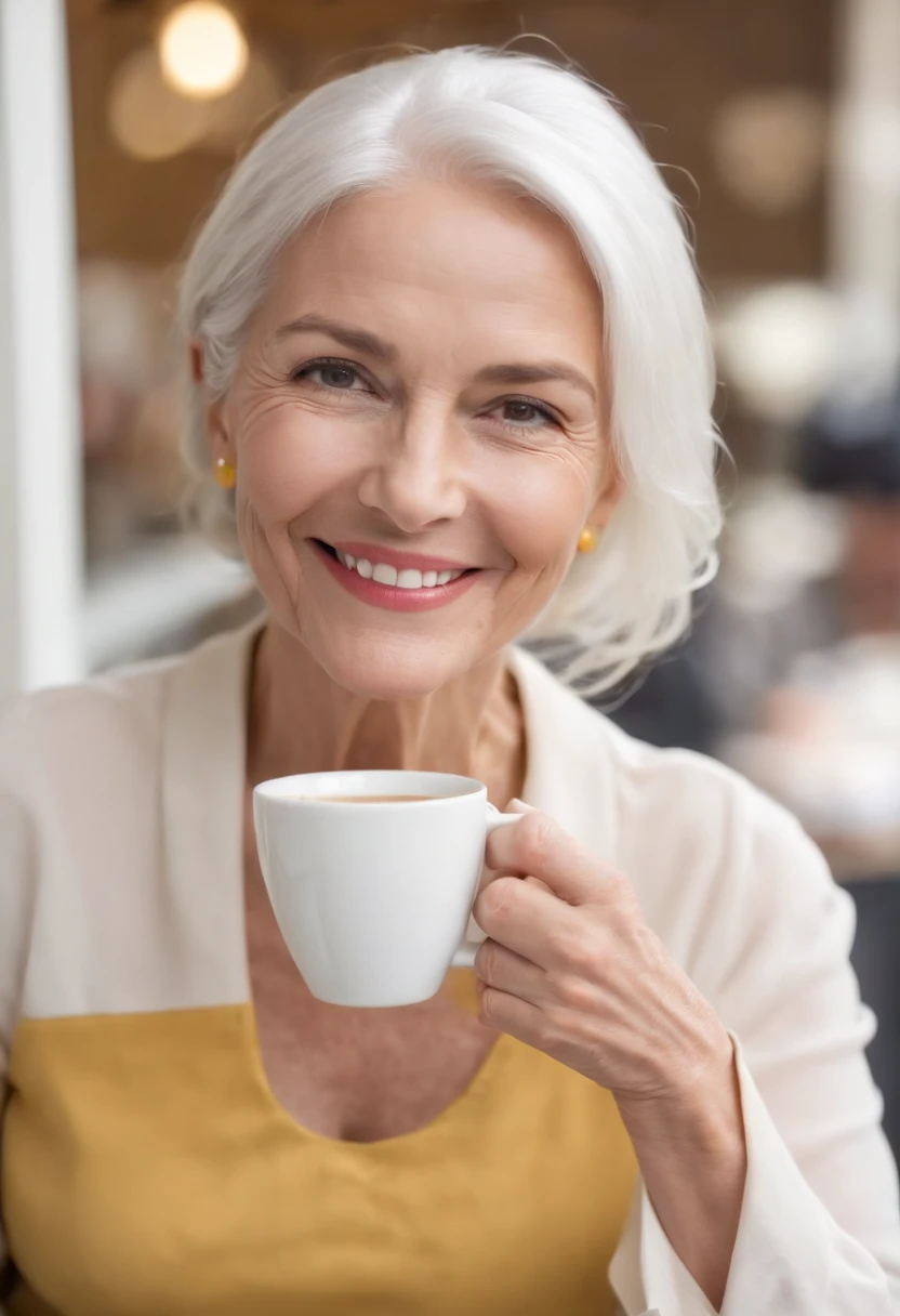 (((Smiling brightly while drinking coffee in a café))) Women around 60 years of age, Natural white hair, Slender and elegant, beautiful, ultra sharp focus, Realistic shots, Yellow dress