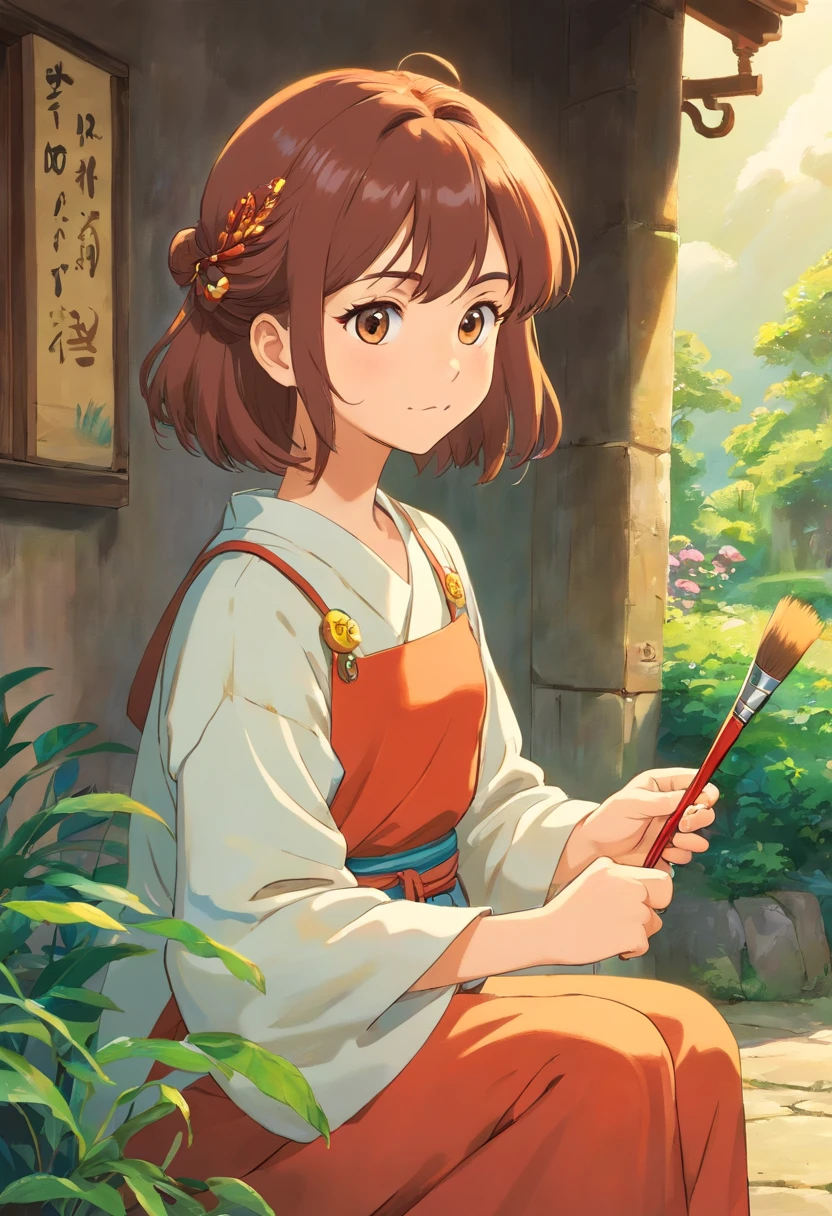 uma mulher jovem, ao lado de um cavalete, Holding a small brush and a bead, ao abrigo de um guarda-sol em um dia claro e ensolarado, no alto de uma pequena colina, uma pintura do Studio Ghibli, arte oficial