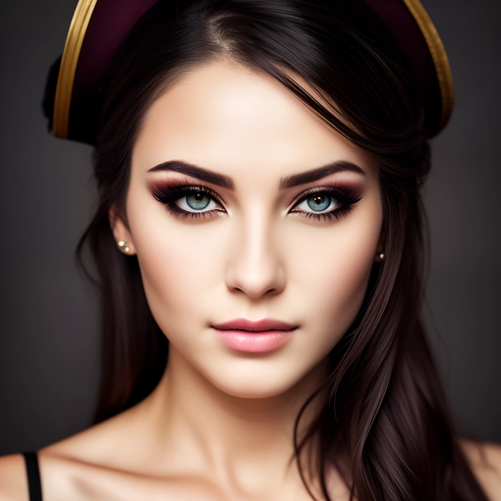 Woman, portrait, beautiful, make up, pirate,blink-and-you-miss-it detail --ar 2:3, Aesthetically pleasing, is beautiful, Realistic, bust professional photo, 4k, hight resolution, higly detailed, vivid lighting