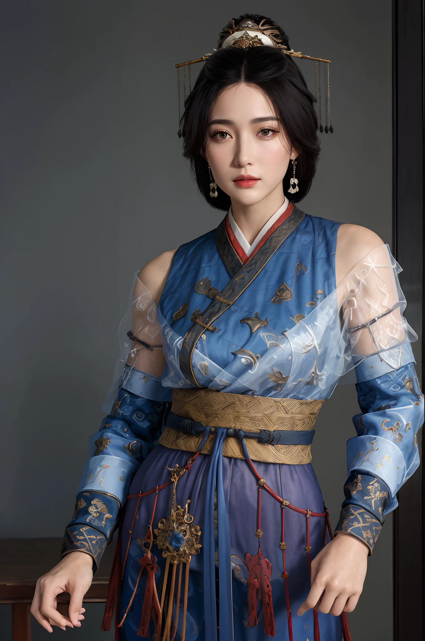 best quality,masterpiece,8k wallpaper,absurdres, highres, ultra detailed, (1 young beautiful girl, solo:1.1),realistic,hair ornament, black hair,cowboy shot, hair stick, chinese clothes, dress, looking at viewer, standing, brown eyes, sash, jewelry,realistic, blue dress.BREAK